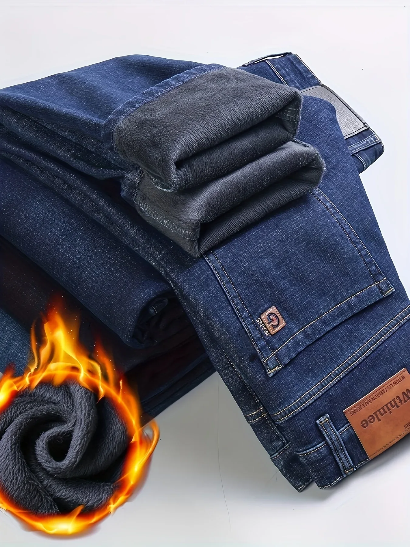 Men'S Heavy-Duty Thermal Faux Denim - Winter Warmth Thickened Pants with Straight-Leg Fit, Classic Blue Washed Look for Work, Casual & Formal Outfits - Non-Stretch Faux Denim for Cold Weather (Fall/Winter), Winter Faux Denim,