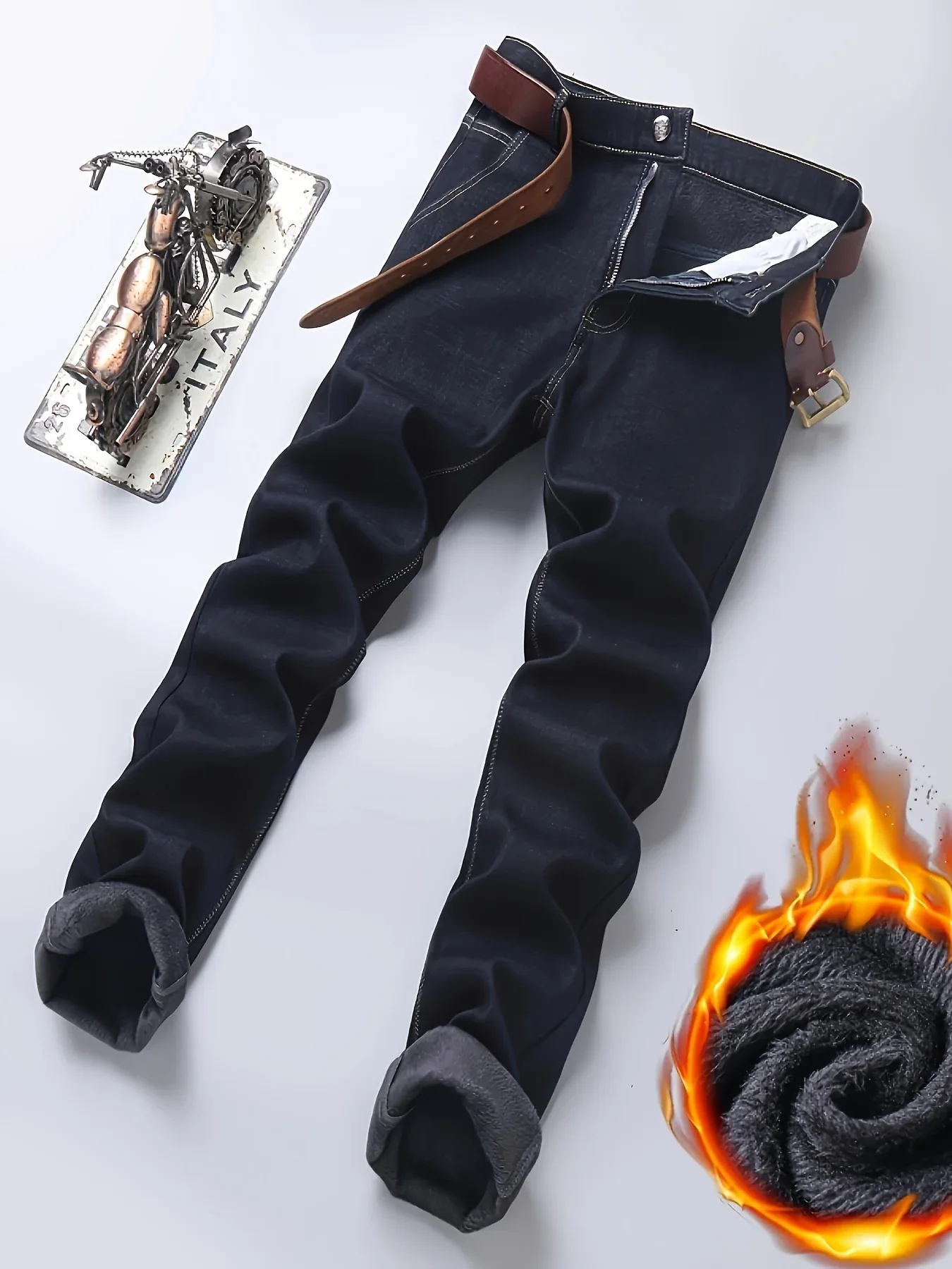 Men'S Heavy-Duty Thermal Faux Denim - Winter Warmth Thickened Pants with Straight-Leg Fit, Classic Blue Washed Look for Work, Casual & Formal Outfits - Non-Stretch Faux Denim for Cold Weather (Fall/Winter), Winter Faux Denim, - Image 10
