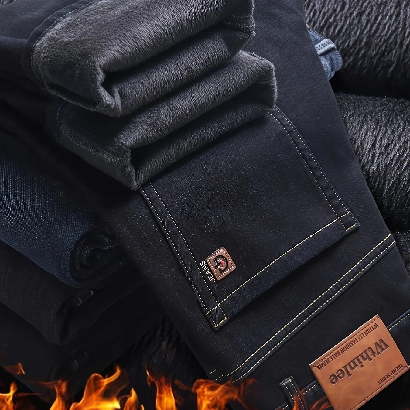 Men'S Heavy-Duty Thermal Faux Denim - Winter Warmth Thickened Pants with Straight-Leg Fit, Classic Blue Washed Look for Work, Casual & Formal Outfits - Non-Stretch Faux Denim for Cold Weather (Fall/Winter), Winter Faux Denim, - Image 11