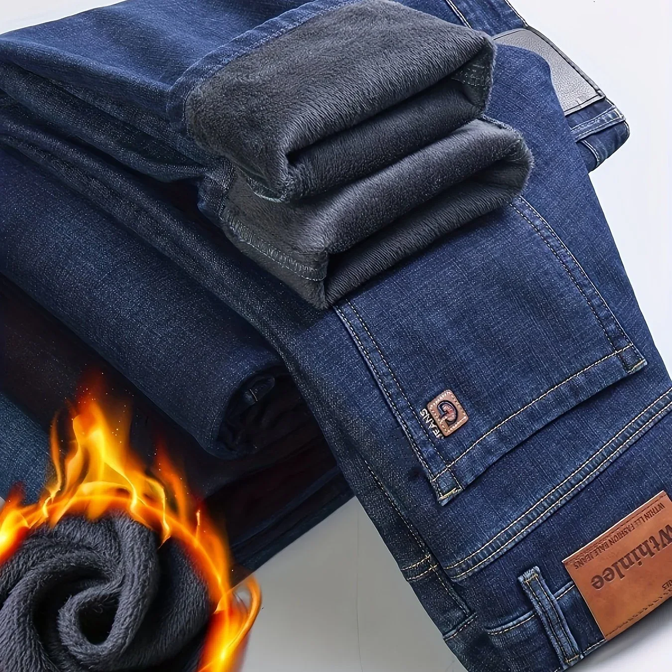 Men'S Heavy-Duty Thermal Faux Denim - Winter Warmth Thickened Pants with Straight-Leg Fit, Classic Blue Washed Look for Work, Casual & Formal Outfits - Non-Stretch Faux Denim for Cold Weather (Fall/Winter), Winter Faux Denim, - Image 12