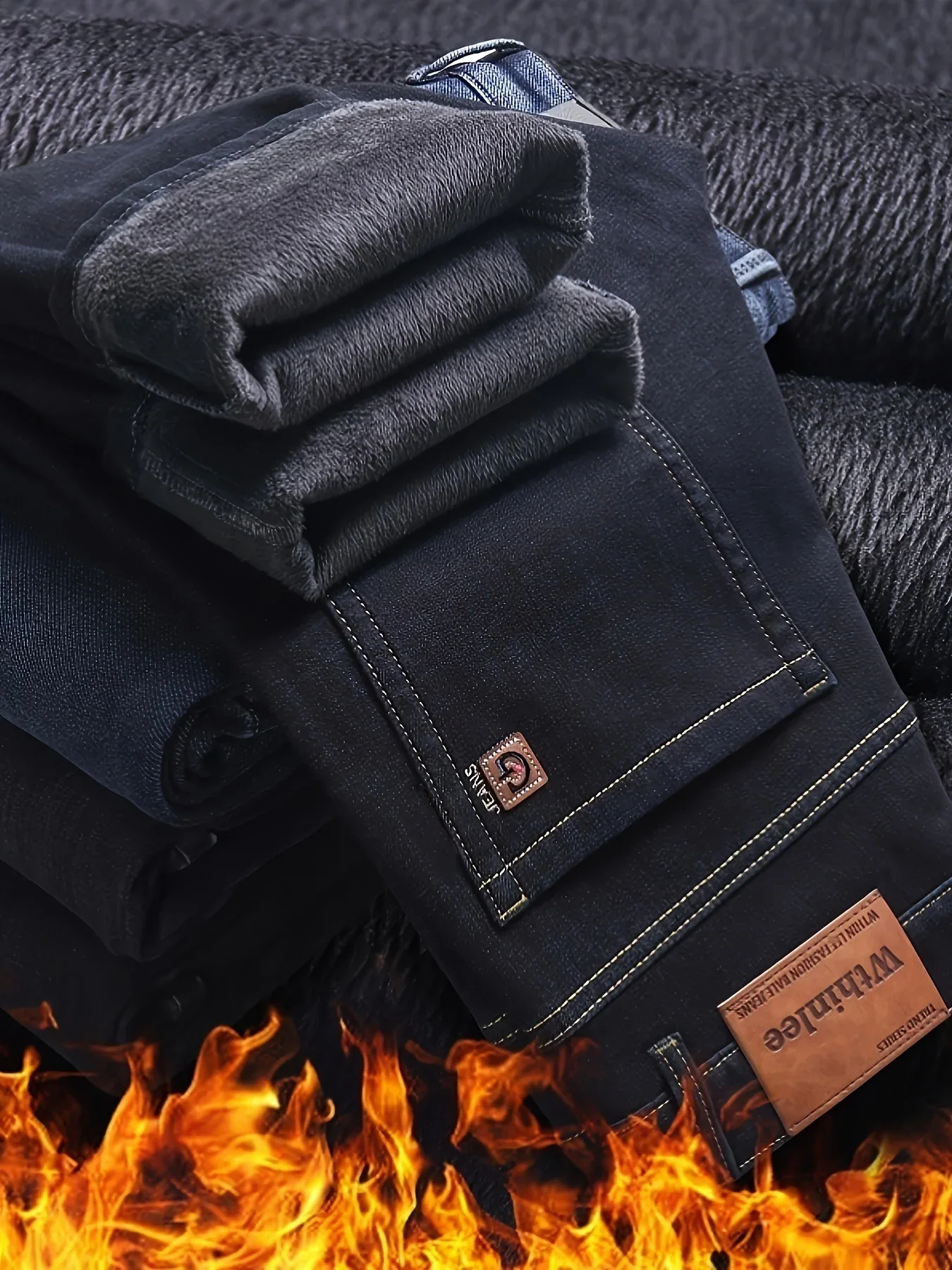 Men'S Heavy-Duty Thermal Faux Denim - Winter Warmth Thickened Pants with Straight-Leg Fit, Classic Blue Washed Look for Work, Casual & Formal Outfits - Non-Stretch Faux Denim for Cold Weather (Fall/Winter), Winter Faux Denim, - Image 2