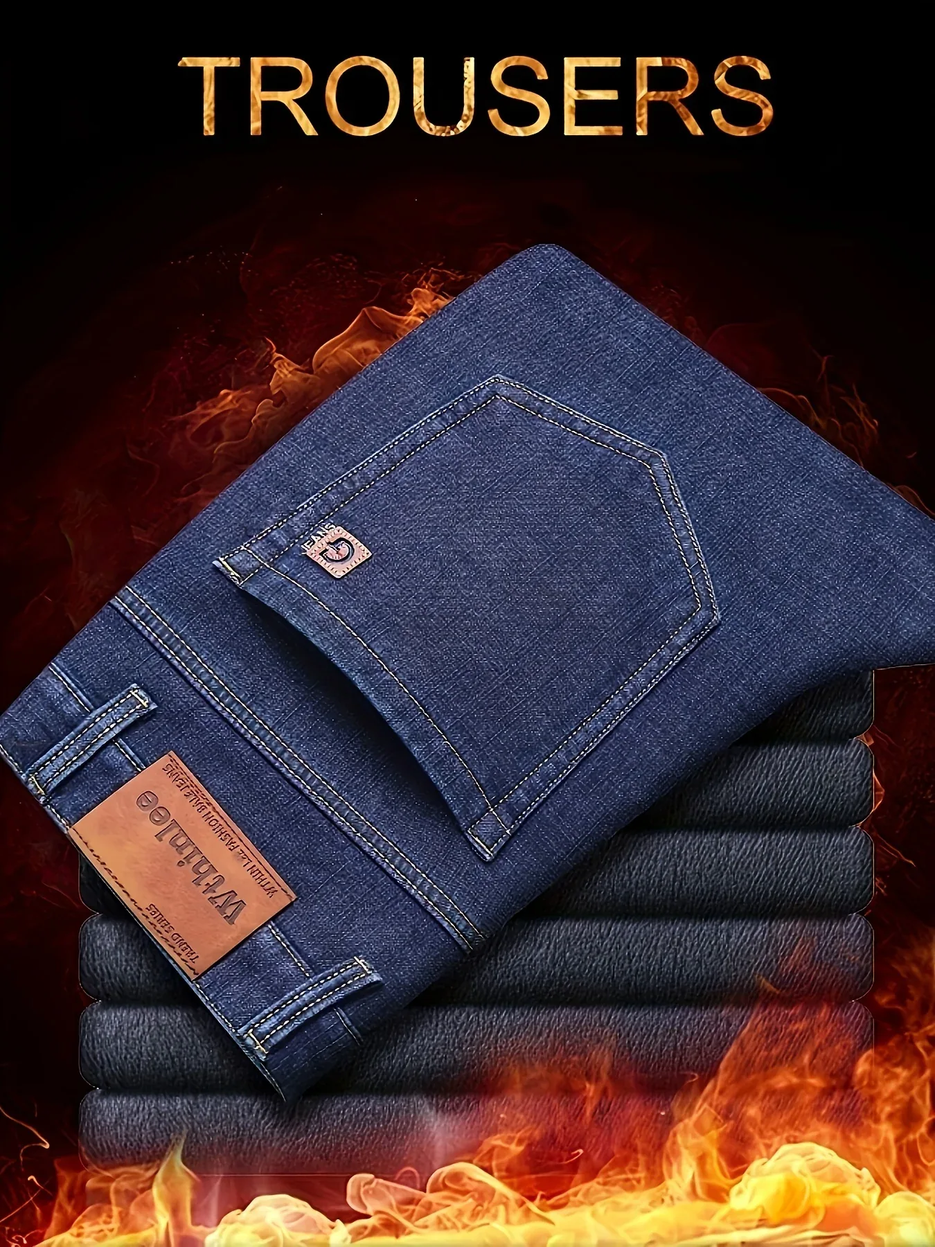 Men'S Heavy-Duty Thermal Faux Denim - Winter Warmth Thickened Pants with Straight-Leg Fit, Classic Blue Washed Look for Work, Casual & Formal Outfits - Non-Stretch Faux Denim for Cold Weather (Fall/Winter), Winter Faux Denim, - Image 3