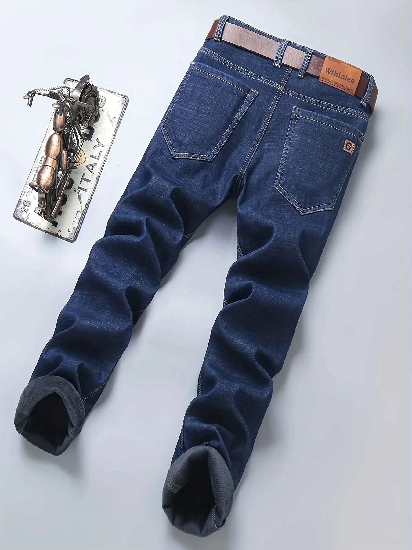 Men'S Heavy-Duty Thermal Faux Denim - Winter Warmth Thickened Pants with Straight-Leg Fit, Classic Blue Washed Look for Work, Casual & Formal Outfits - Non-Stretch Faux Denim for Cold Weather (Fall/Winter), Winter Faux Denim, - Image 5