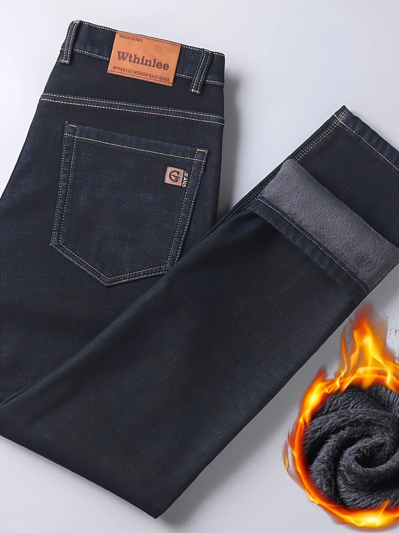 Men'S Heavy-Duty Thermal Faux Denim - Winter Warmth Thickened Pants with Straight-Leg Fit, Classic Blue Washed Look for Work, Casual & Formal Outfits - Non-Stretch Faux Denim for Cold Weather (Fall/Winter), Winter Faux Denim, - Image 6