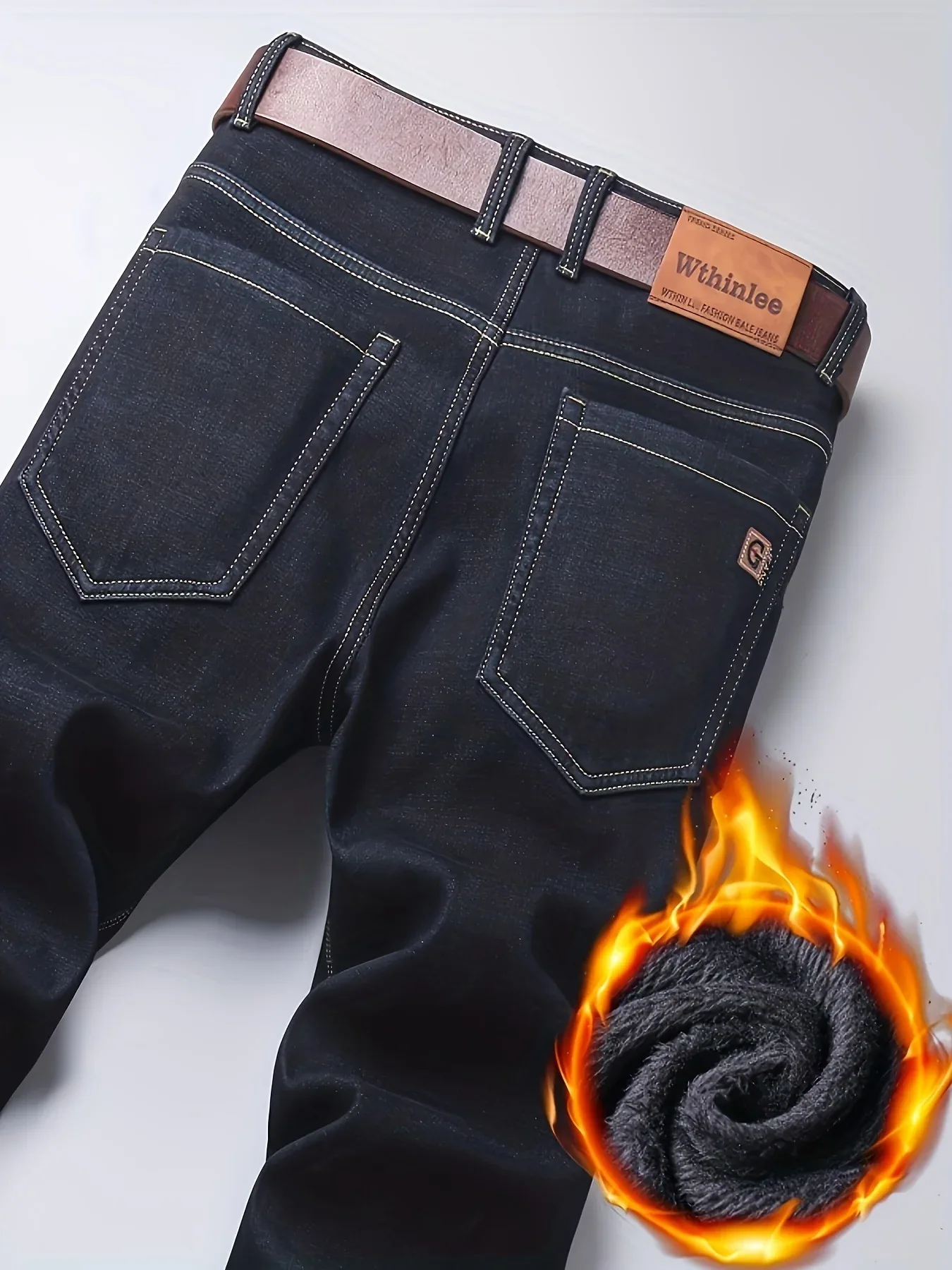 Men'S Heavy-Duty Thermal Faux Denim - Winter Warmth Thickened Pants with Straight-Leg Fit, Classic Blue Washed Look for Work, Casual & Formal Outfits - Non-Stretch Faux Denim for Cold Weather (Fall/Winter), Winter Faux Denim, - Image 8