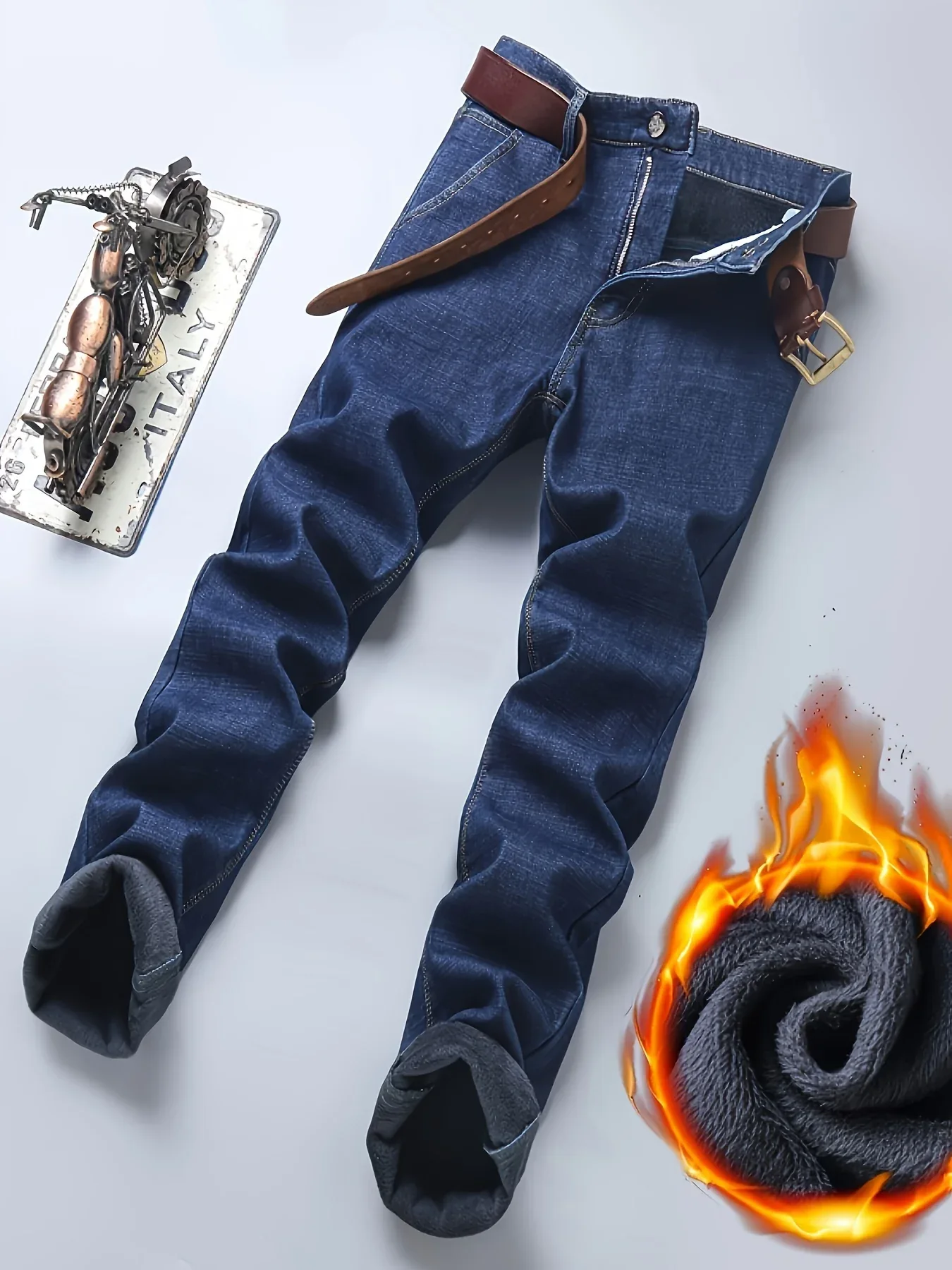 Men'S Heavy-Duty Thermal Faux Denim - Winter Warmth Thickened Pants with Straight-Leg Fit, Classic Blue Washed Look for Work, Casual & Formal Outfits - Non-Stretch Faux Denim for Cold Weather (Fall/Winter), Winter Faux Denim, - Image 9