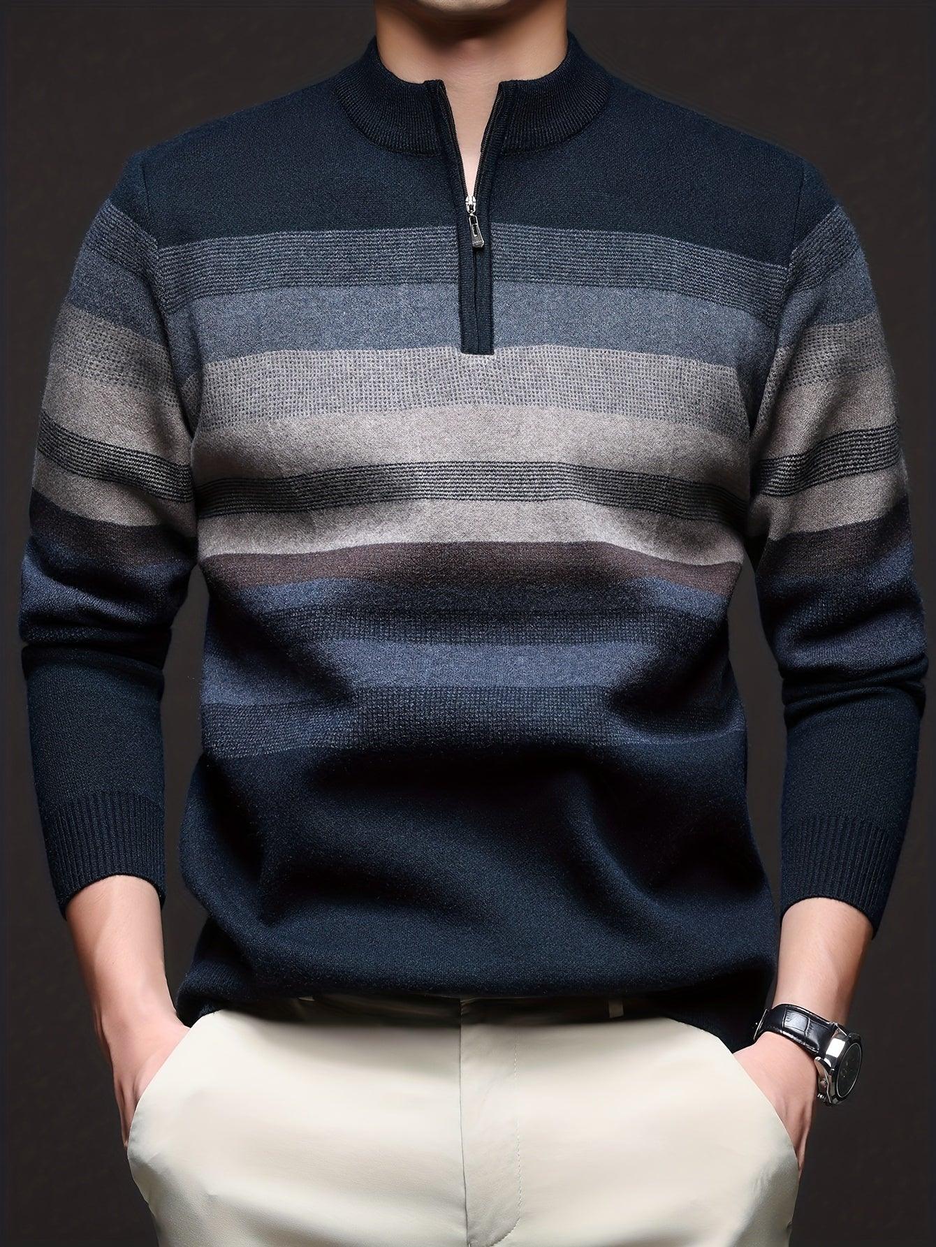 Men's Heavyweight Striped Mandarin Collar Zipper Sweater Jacket - Half-Zip Winter Knit Coat with Fish Tail Hem, Multi-Color (Navy/Beige/Tan/Brown/) for Casual, Outdoor & Holiday Events - Hand Washable Warm Blazer