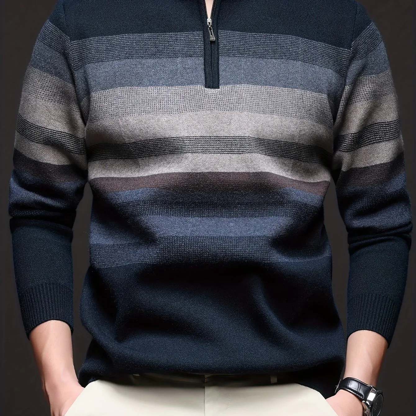 Men's Heavyweight Striped Mandarin Collar Zipper Sweater Jacket - Half-Zip Winter Knit Coat with Fish Tail Hem, Multi-Color (Navy/Beige/Tan/Brown/) for Casual, Outdoor & Holiday Events - Hand Washable Warm Blazer - Image 10