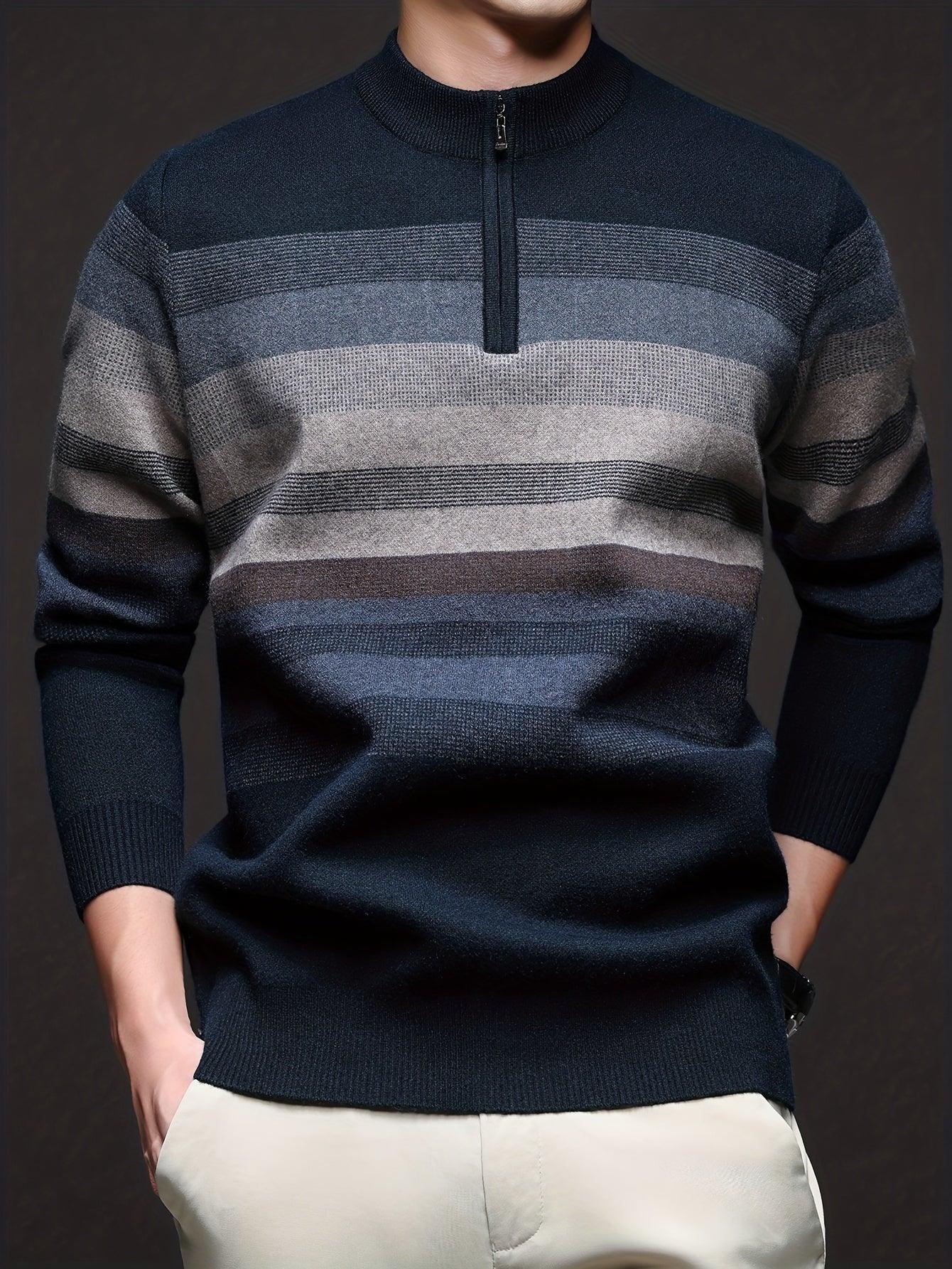 Men's Heavyweight Striped Mandarin Collar Zipper Sweater Jacket - Half-Zip Winter Knit Coat with Fish Tail Hem, Multi-Color (Navy/Beige/Tan/Brown/) for Casual, Outdoor & Holiday Events - Hand Washable Warm Blazer - Image 2