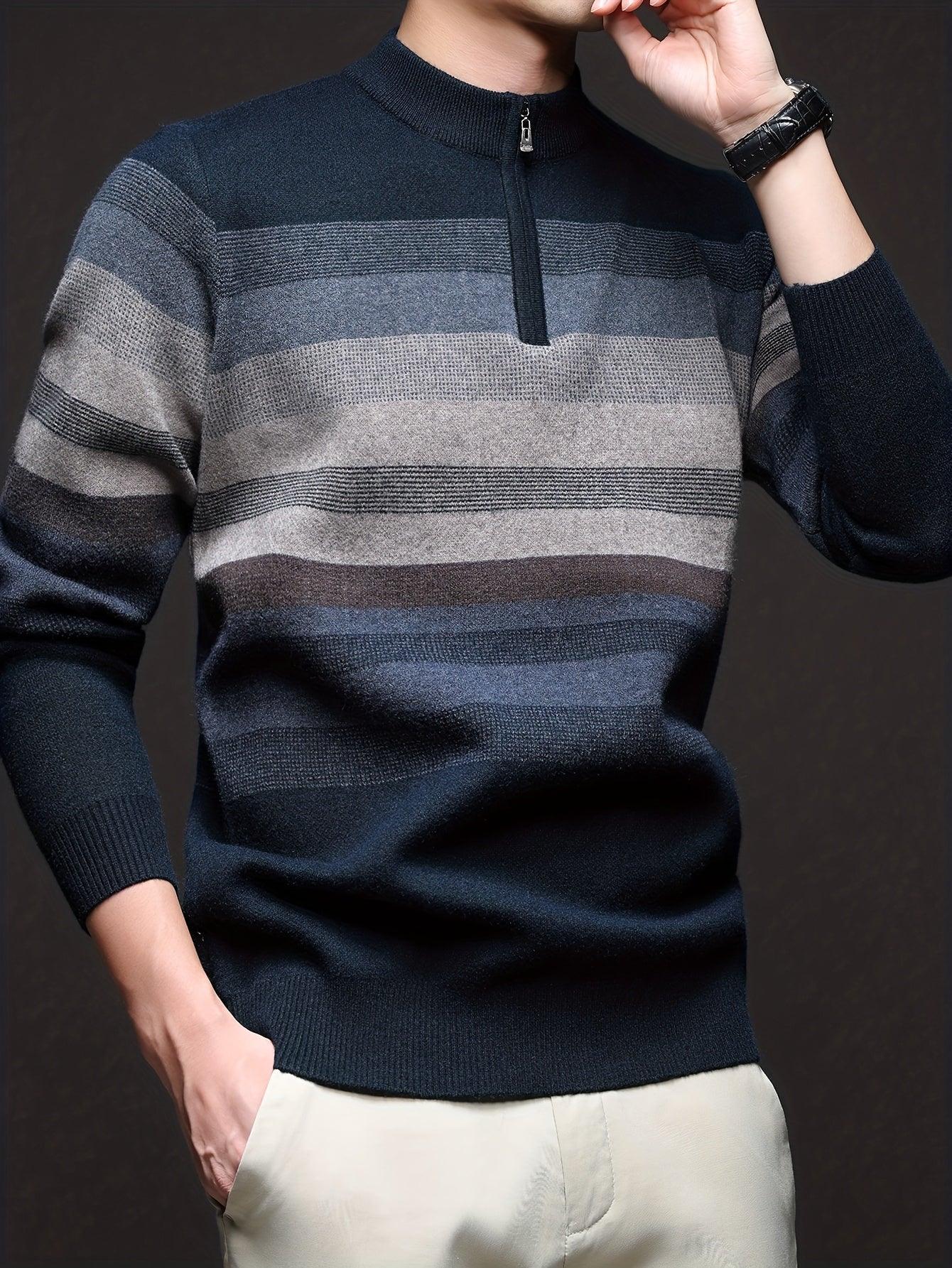 Men's Heavyweight Striped Mandarin Collar Zipper Sweater Jacket - Half-Zip Winter Knit Coat with Fish Tail Hem, Multi-Color (Navy/Beige/Tan/Brown/) for Casual, Outdoor & Holiday Events - Hand Washable Warm Blazer - Image 3