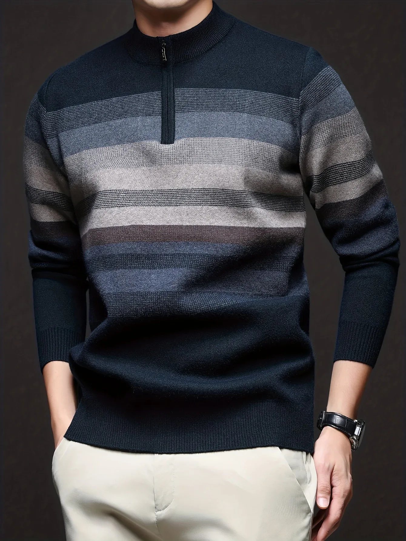Men's Heavyweight Striped Mandarin Collar Zipper Sweater Jacket - Half-Zip Winter Knit Coat with Fish Tail Hem, Multi-Color (Navy/Beige/Tan/Brown/) for Casual, Outdoor & Holiday Events - Hand Washable Warm Blazer - Image 4