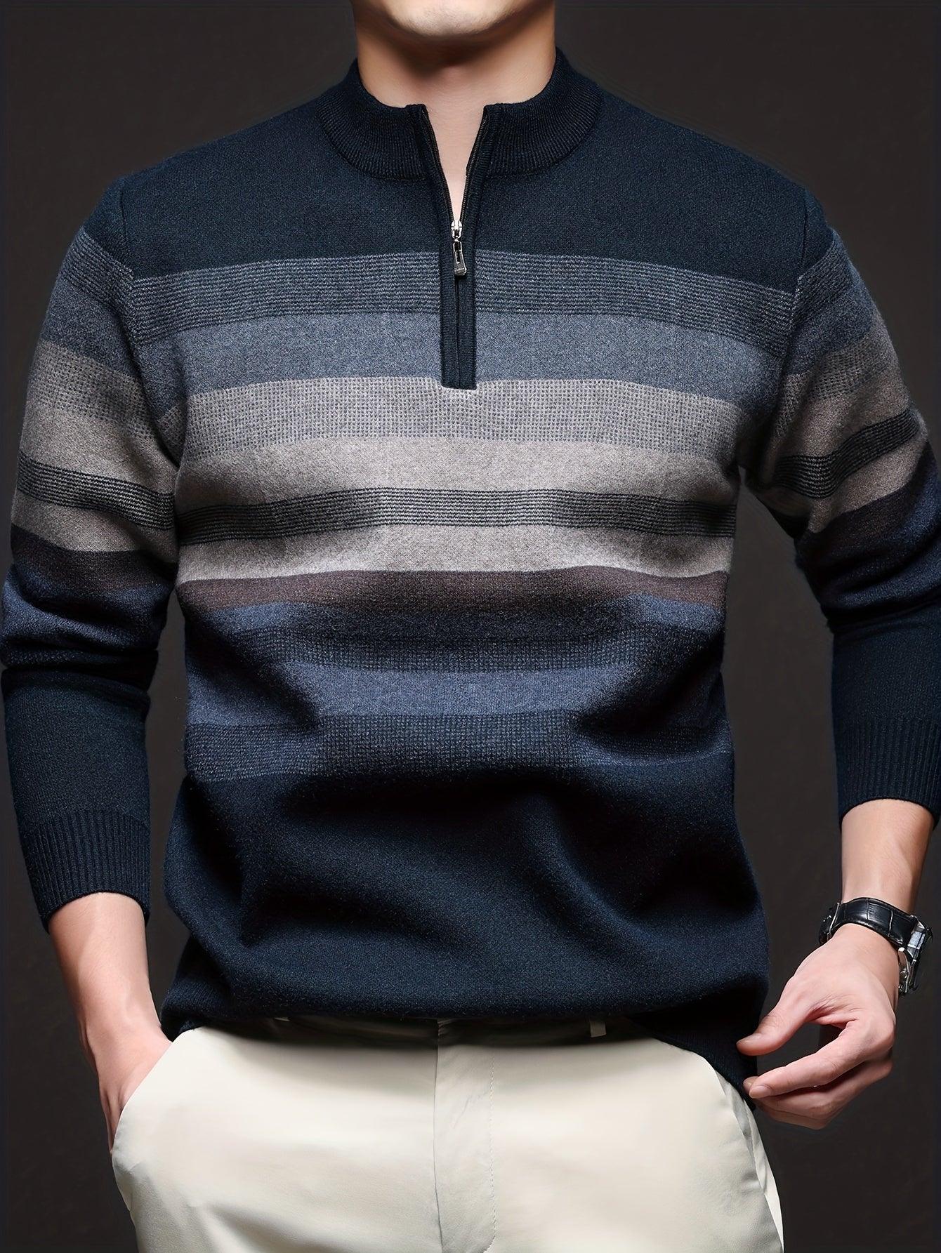 Men's Heavyweight Striped Mandarin Collar Zipper Sweater Jacket - Half-Zip Winter Knit Coat with Fish Tail Hem, Multi-Color (Navy/Beige/Tan/Brown/) for Casual, Outdoor & Holiday Events - Hand Washable Warm Blazer - Image 5