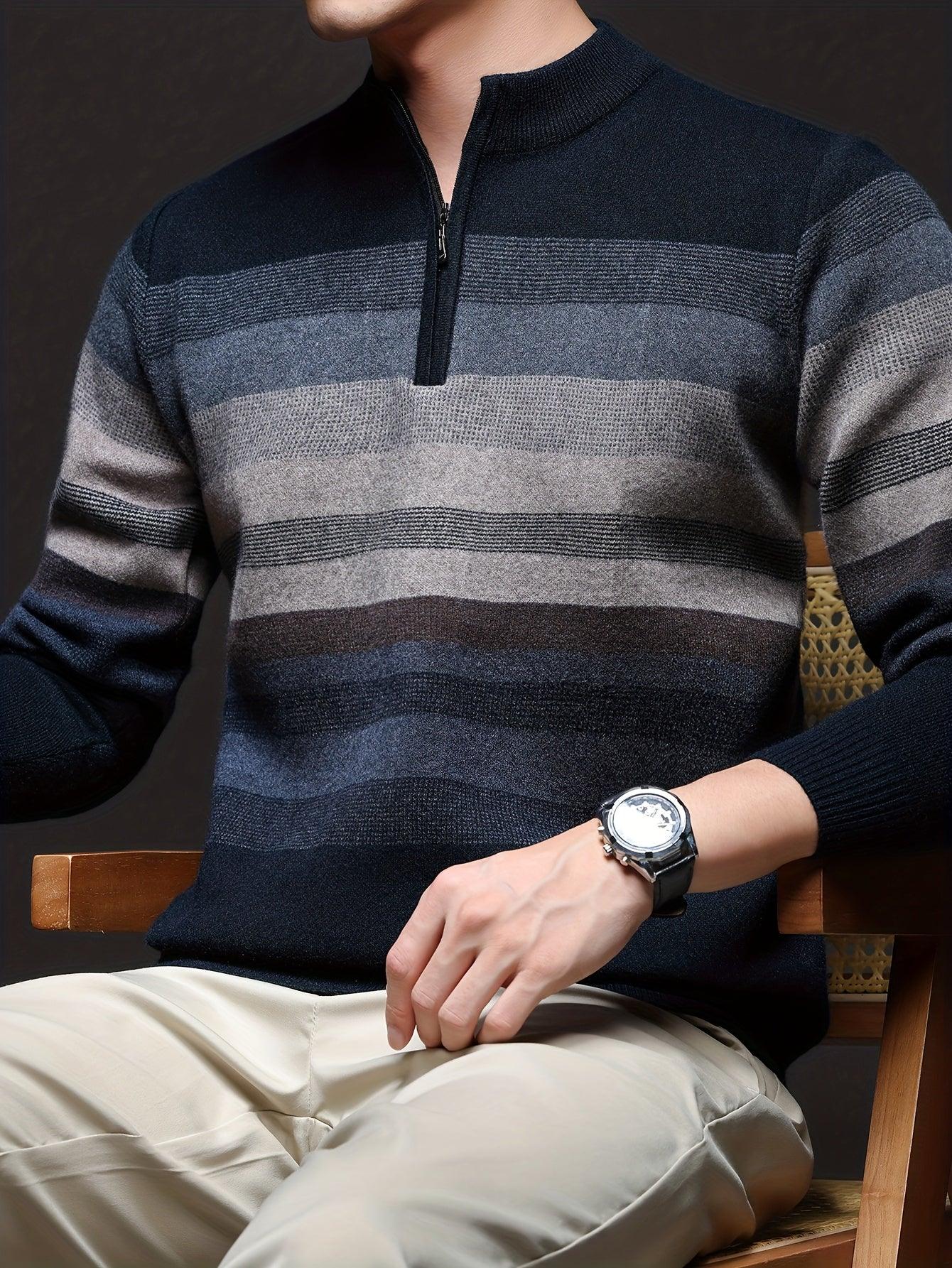 Men's Heavyweight Striped Mandarin Collar Zipper Sweater Jacket - Half-Zip Winter Knit Coat with Fish Tail Hem, Multi-Color (Navy/Beige/Tan/Brown/) for Casual, Outdoor & Holiday Events - Hand Washable Warm Blazer - Image 6