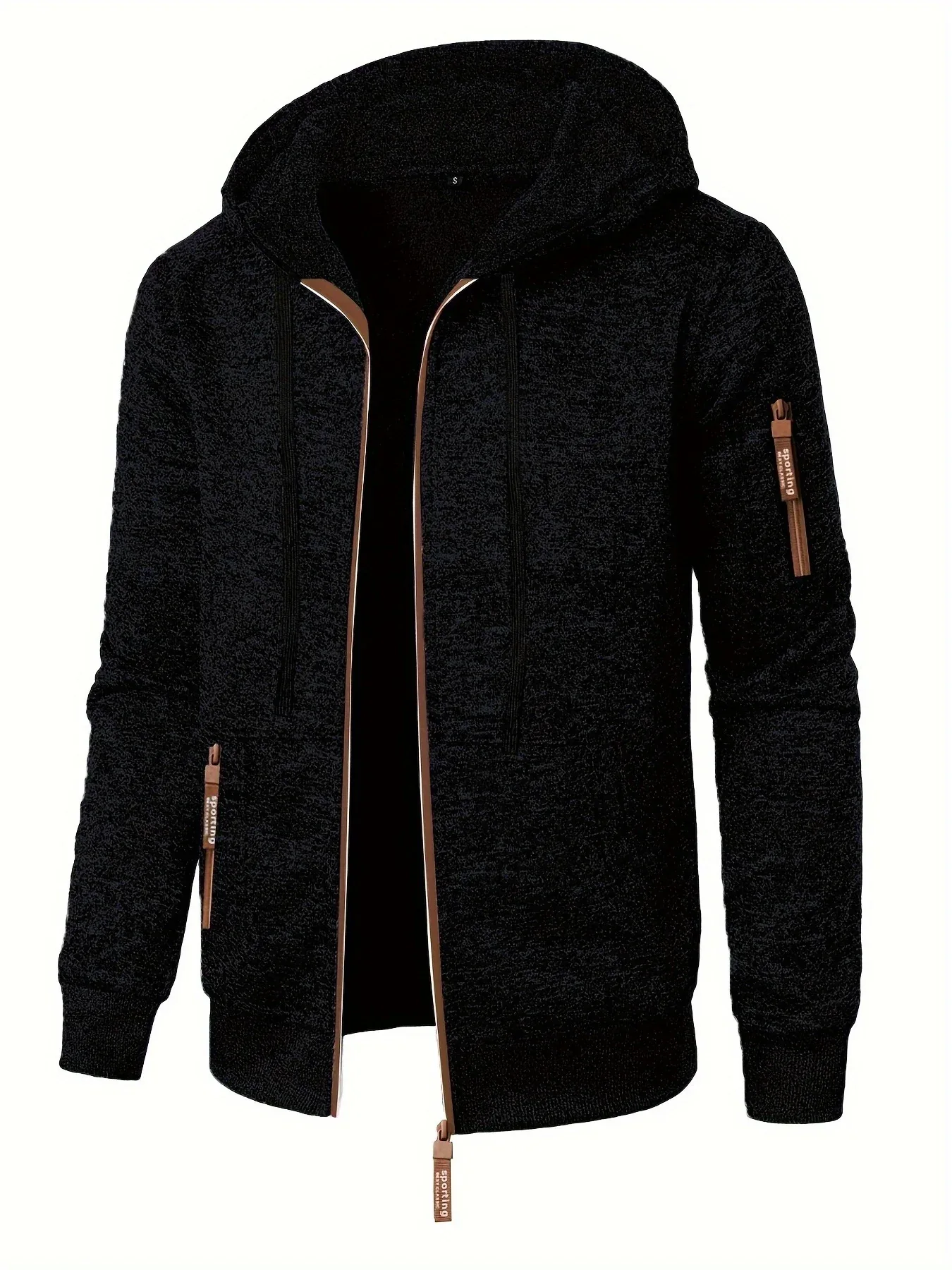 Men'S Hooded Zip-Up Sweater Jacket - Long Sleeve Thin Fleece-Lined Casual Outerwear with Front Pockets, Solid Black, Regular Fit for Fall & Winter, Autumn Winter Apparel | Hooded Sweater | Zippered Jacket, Knit, Men Hoodie Zi - Image 2