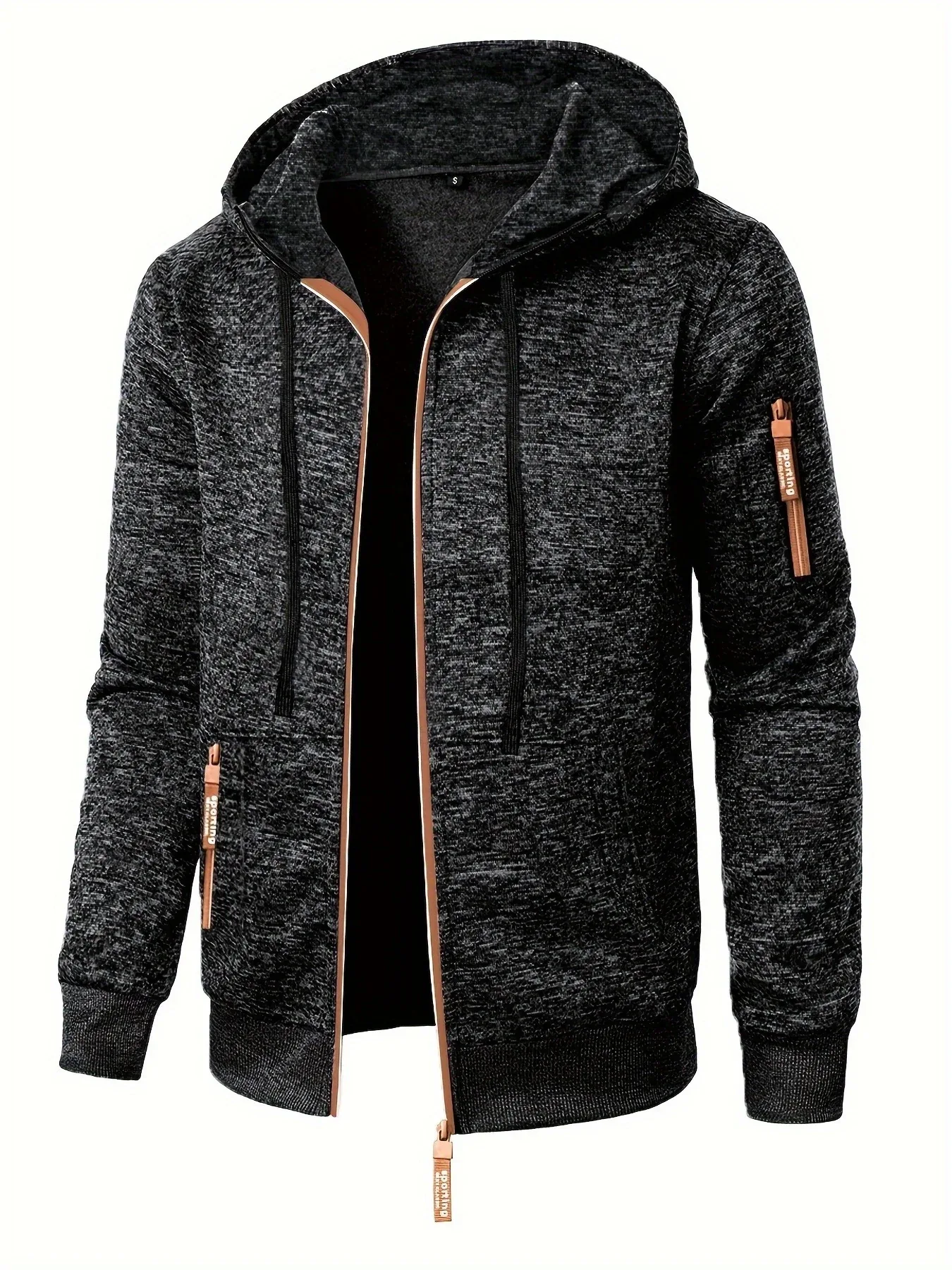 Men'S Hooded Zip-Up Sweater Jacket - Long Sleeve Thin Fleece-Lined Casual Outerwear with Front Pockets, Solid Black, Regular Fit for Fall & Winter, Autumn Winter Apparel | Hooded Sweater | Zippered Jacket, Knit, Men Hoodie Zi - Image 4