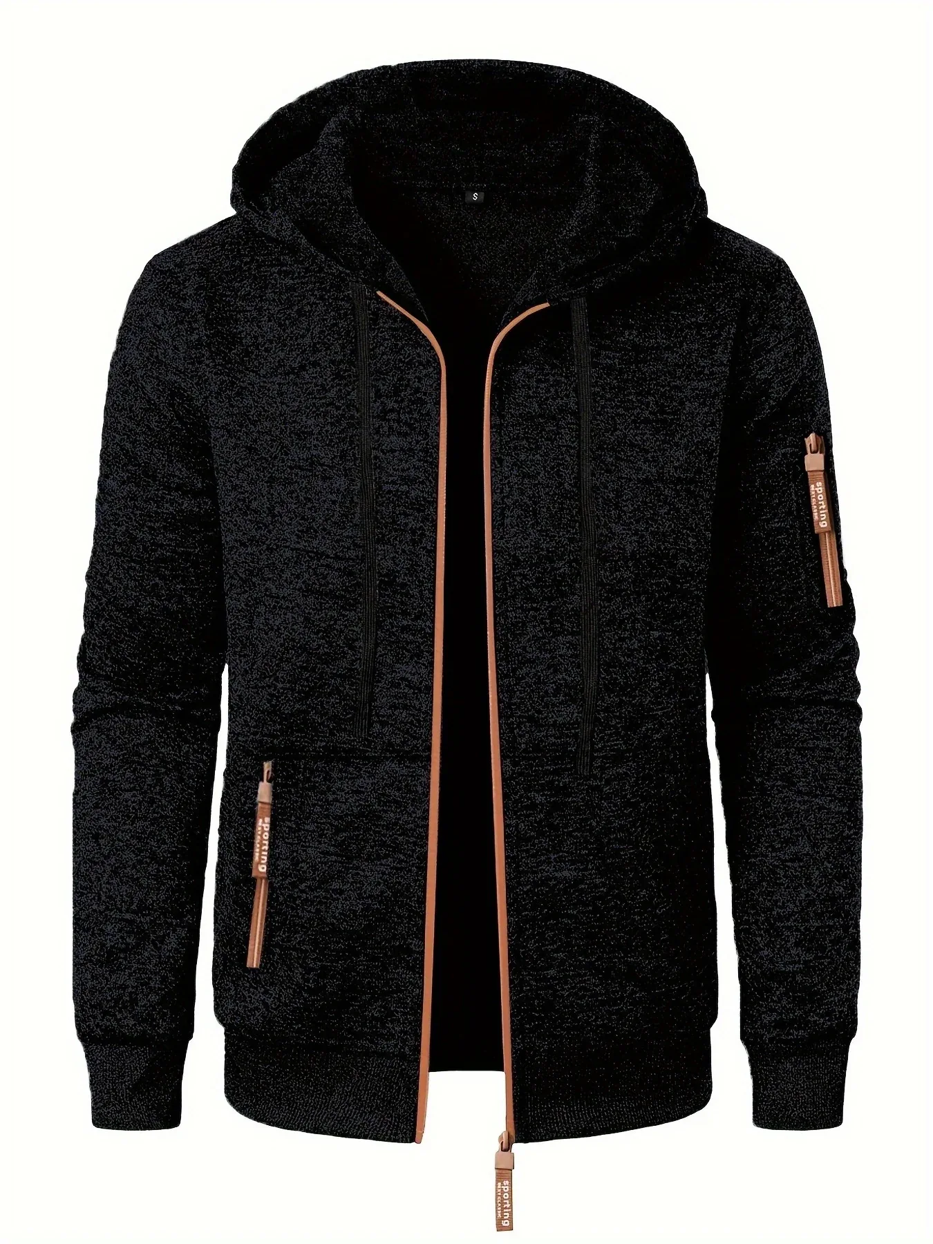 Men'S Hooded Zip-Up Sweater Jacket - Long Sleeve Thin Fleece-Lined Casual Outerwear with Front Pockets, Solid Black, Regular Fit for Fall & Winter, Autumn Winter Apparel | Hooded Sweater | Zippered Jacket, Knit, Men Hoodie Zi - Image 5