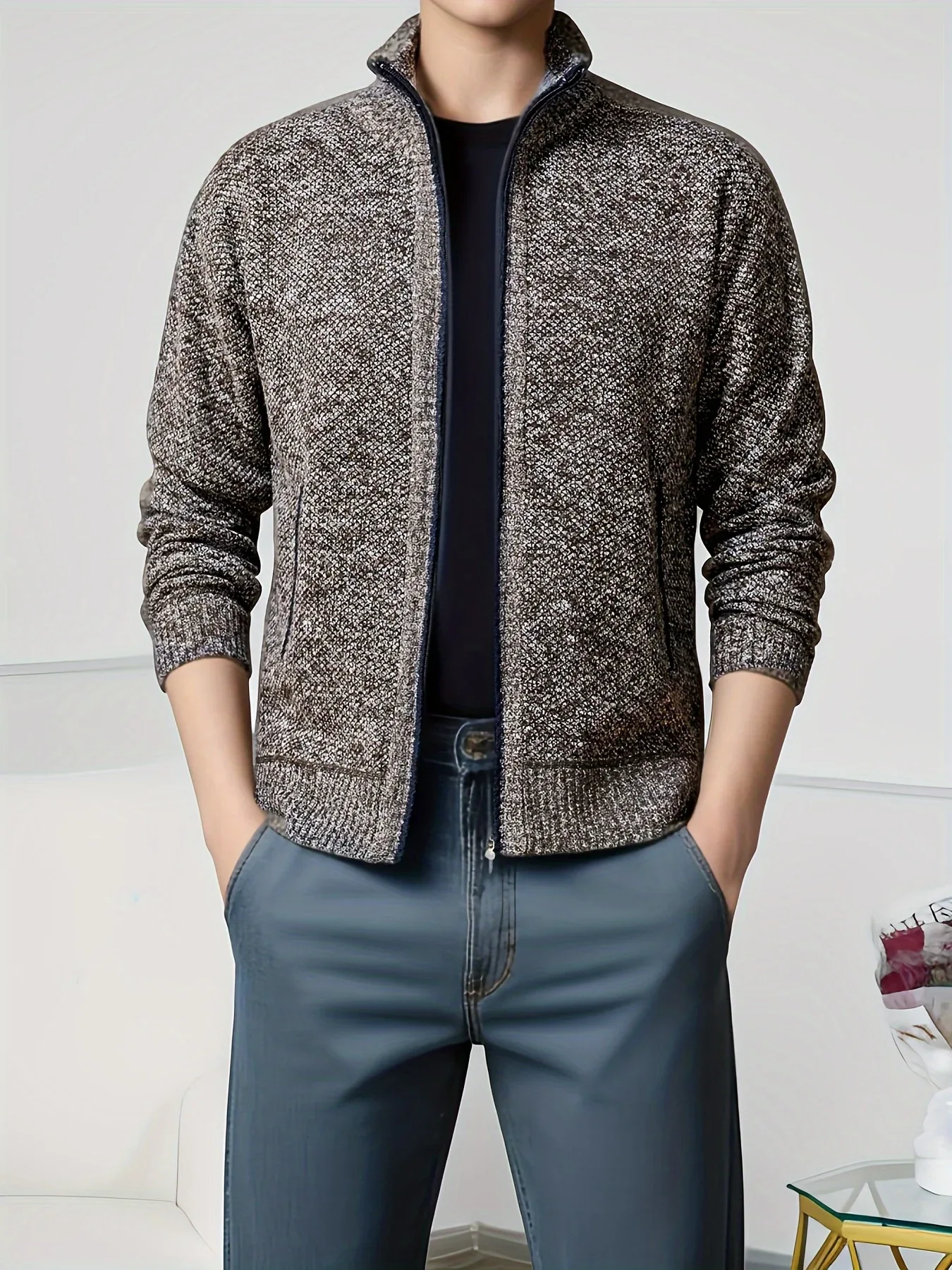 Men'S Knitted Cardigan Sweater | High Neck, Long Sleeve, Rib-Knit, All-Season, Casual Style - Image 11