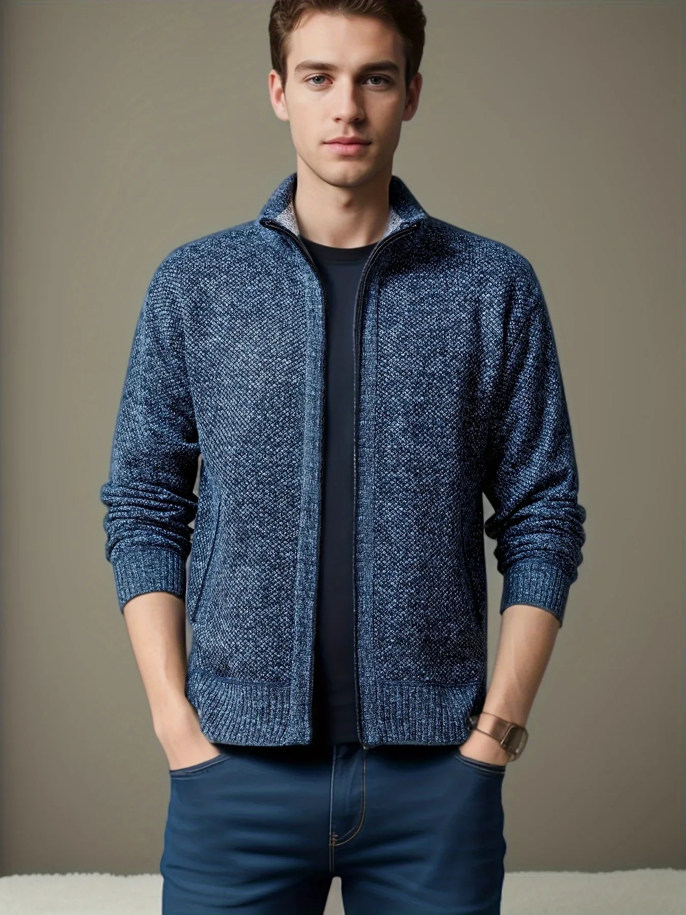 Men'S Knitted Cardigan Sweater | High Neck, Long Sleeve, Rib-Knit, All-Season, Casual Style - Image 12