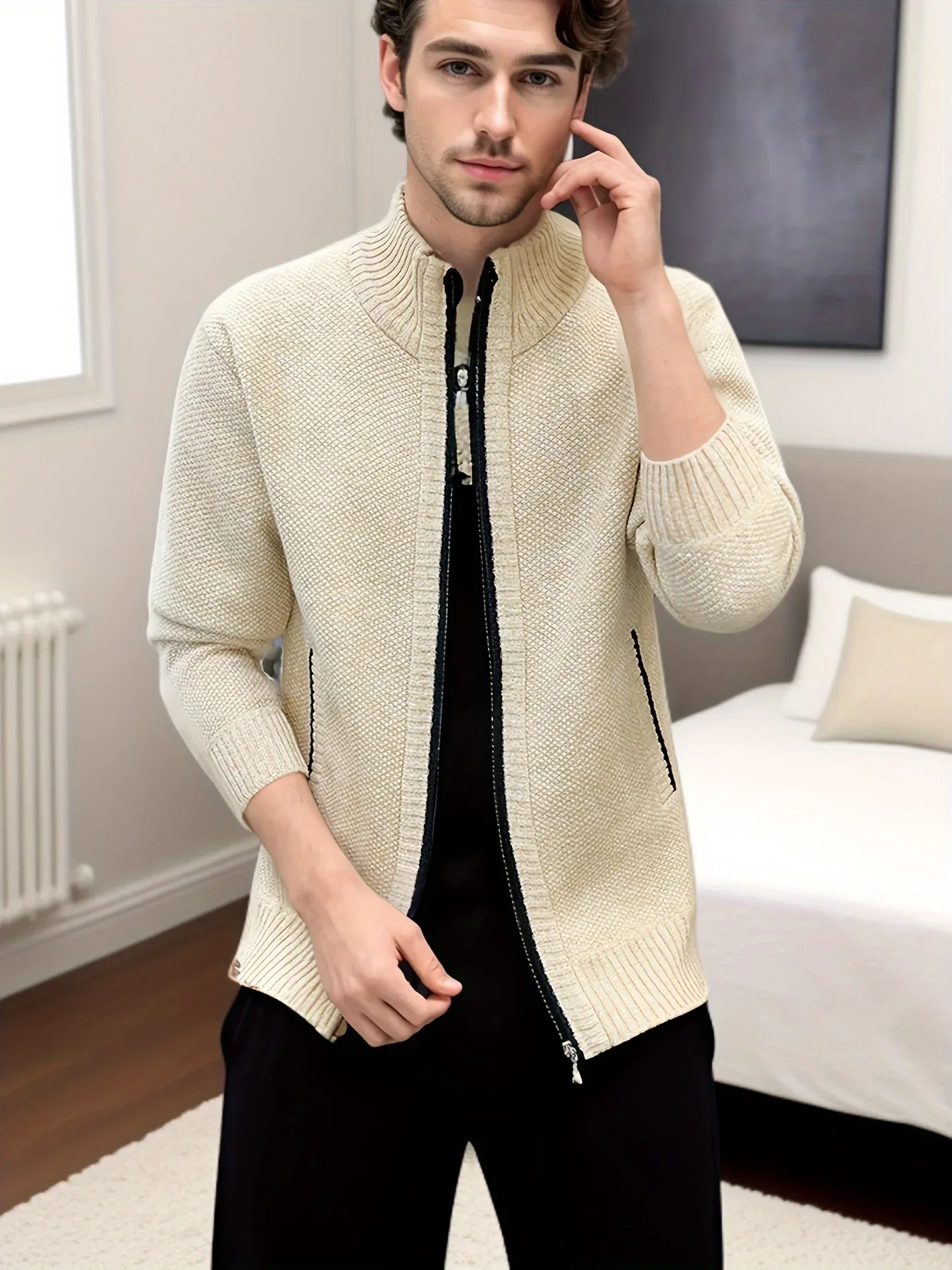 Men'S Knitted Cardigan Sweater | High Neck, Long Sleeve, Rib-Knit, All-Season, Casual Style - Image 13