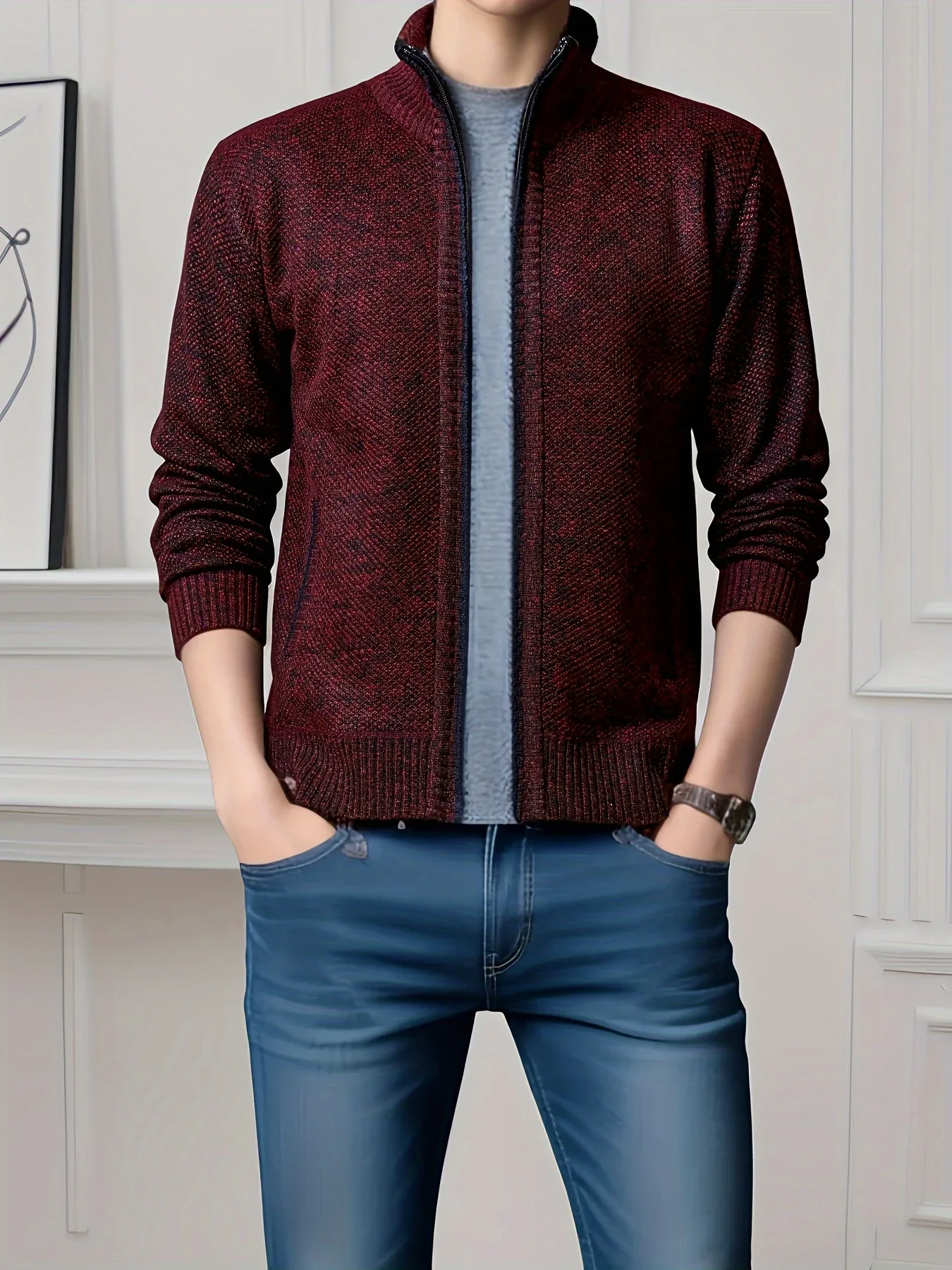 Men'S Knitted Cardigan Sweater | High Neck, Long Sleeve, Rib-Knit, All-Season, Casual Style - Image 14