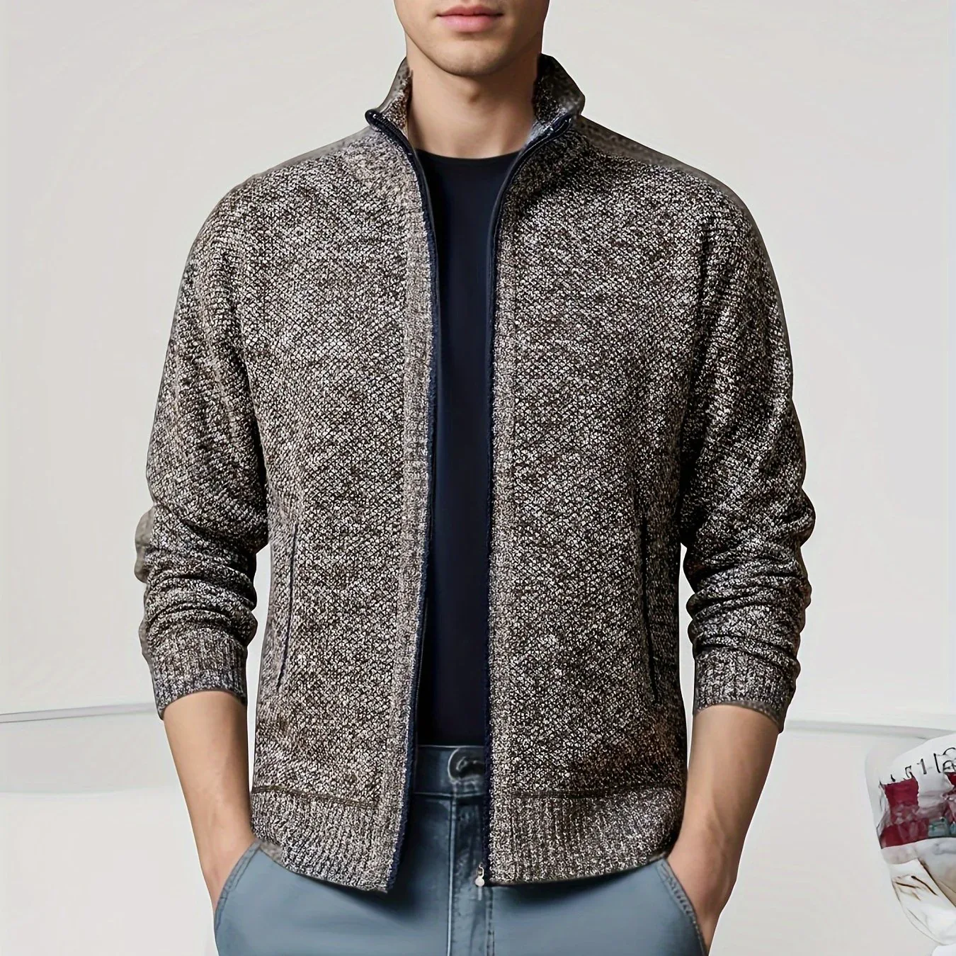 Men'S Knitted Cardigan Sweater | High Neck, Long Sleeve, Rib-Knit, All-Season, Casual Style - Image 17
