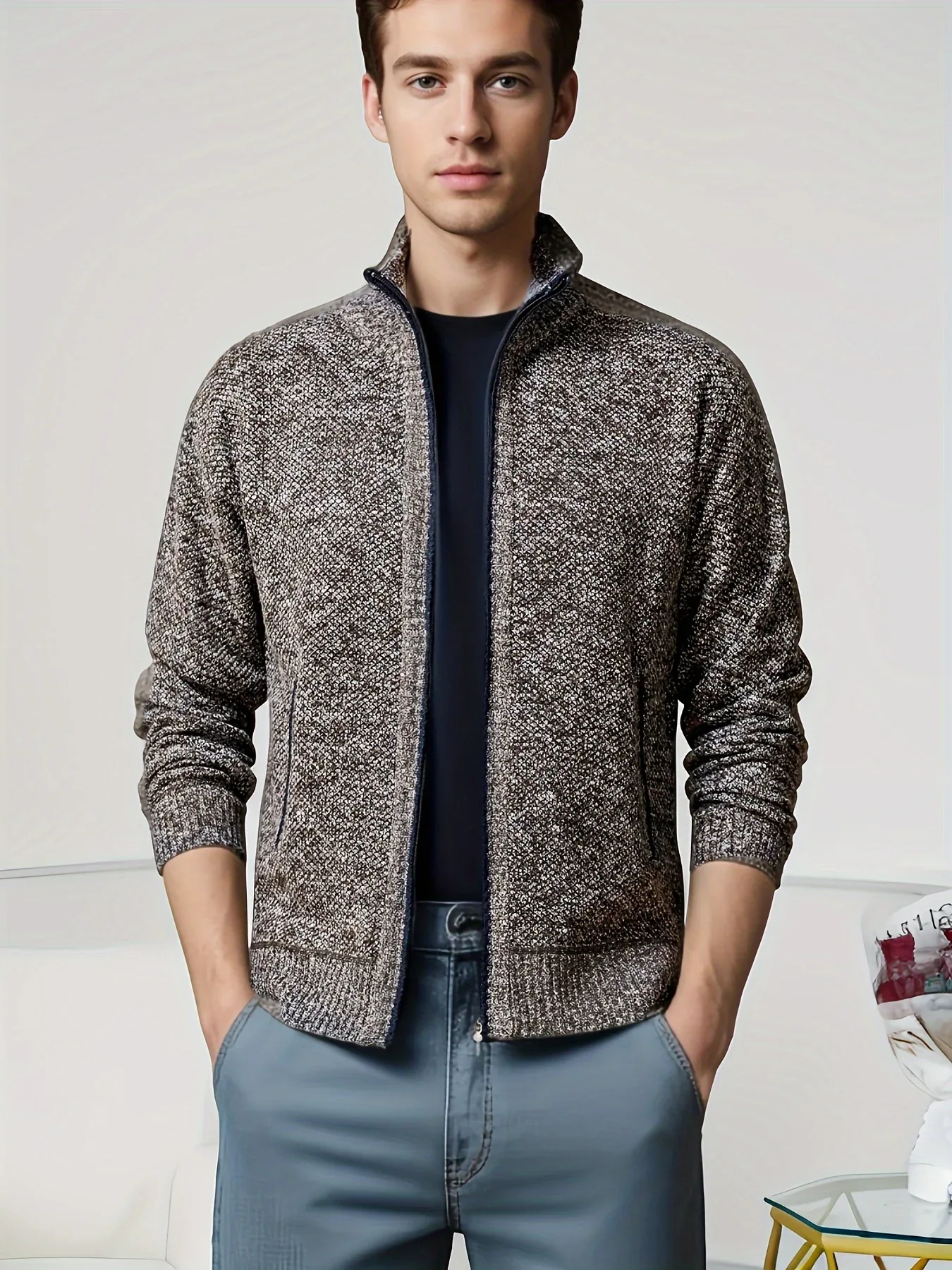 Men'S Knitted Cardigan Sweater | High Neck, Long Sleeve, Rib-Knit, All-Season, Casual Style - Image 5