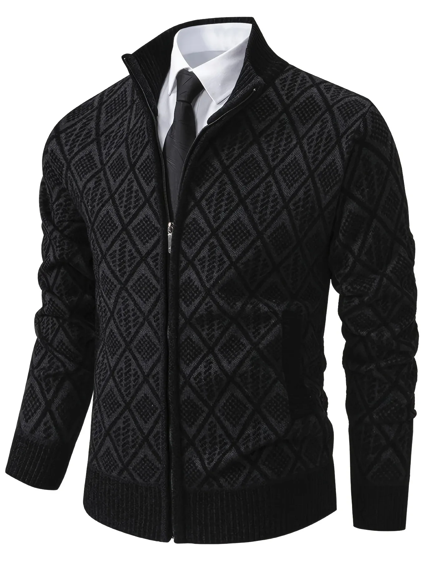 Men's Knitted Sweater Korean Style Autumn and Winter Trendy Casual Stand Collar Cardigan Jacket for Men, Comfortable and Versatile Rhombus Pattern