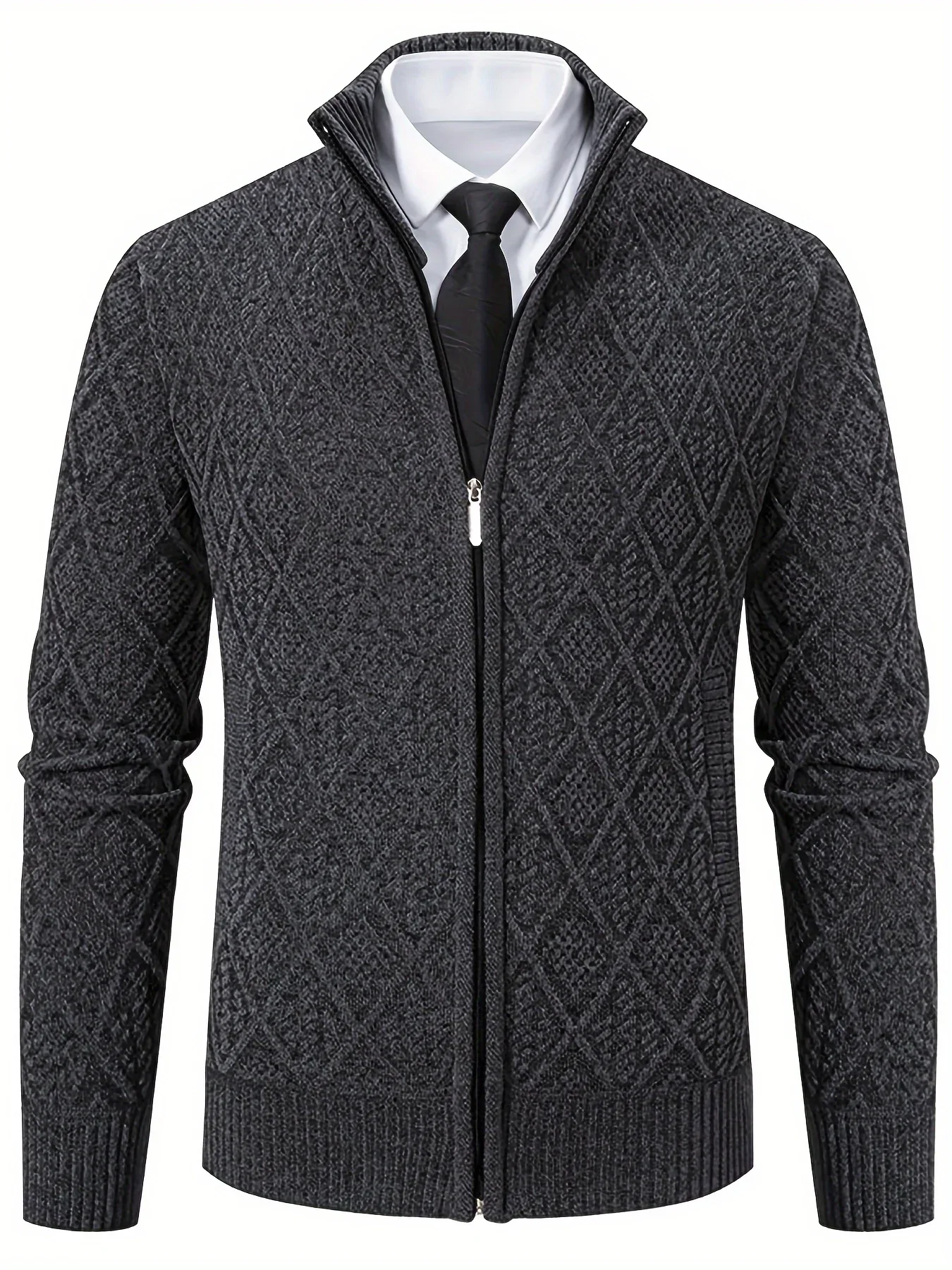Men's Knitted Sweater Korean Style Autumn and Winter Trendy Casual Stand Collar Cardigan Jacket for Men, Comfortable and Versatile Rhombus Pattern - Image 10