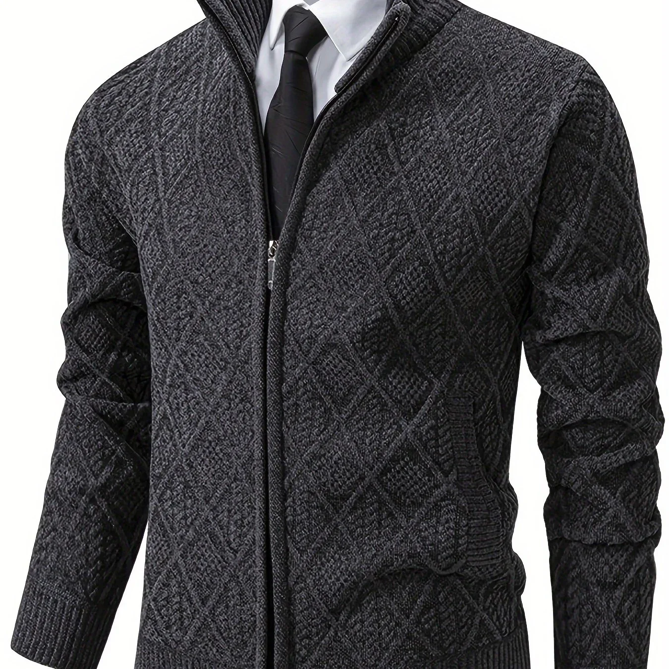 Men's Knitted Sweater Korean Style Autumn and Winter Trendy Casual Stand Collar Cardigan Jacket for Men, Comfortable and Versatile Rhombus Pattern - Image 15
