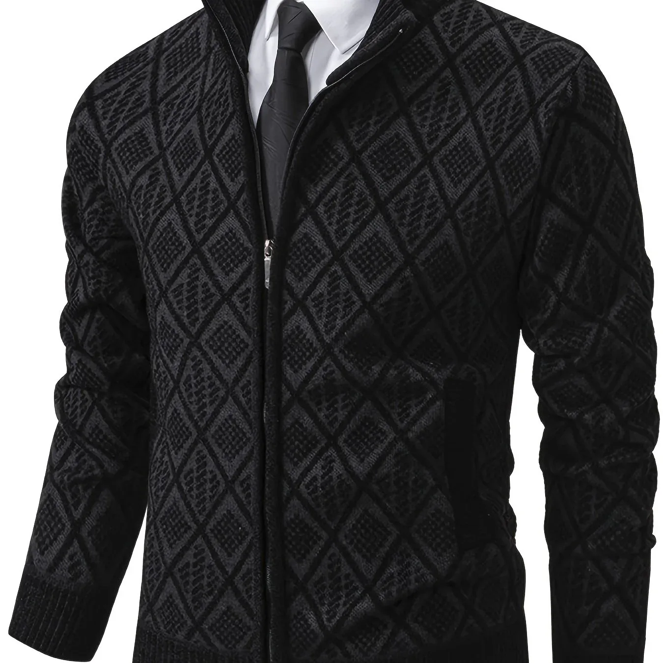 Men's Knitted Sweater Korean Style Autumn and Winter Trendy Casual Stand Collar Cardigan Jacket for Men, Comfortable and Versatile Rhombus Pattern - Image 16