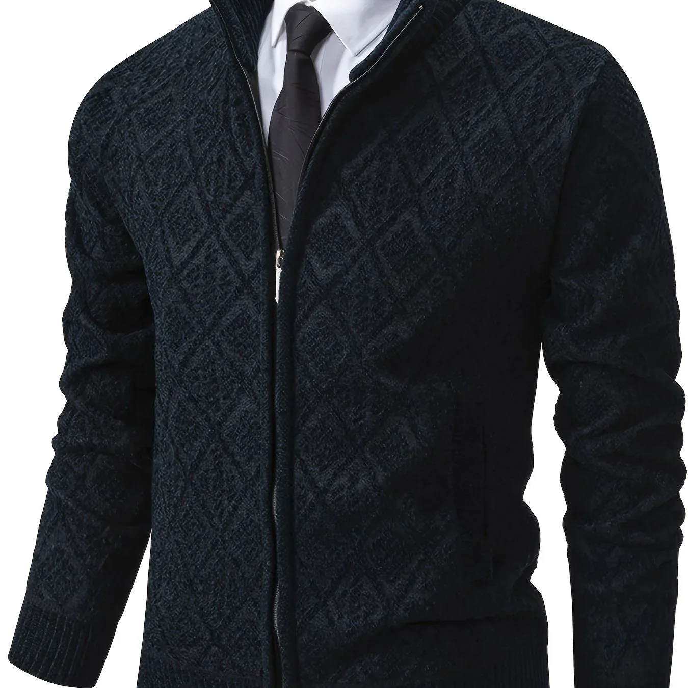 Men's Knitted Sweater Korean Style Autumn and Winter Trendy Casual Stand Collar Cardigan Jacket for Men, Comfortable and Versatile Rhombus Pattern - Image 17