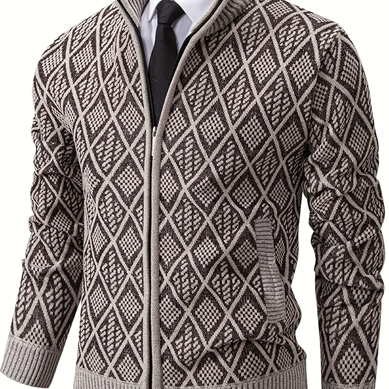 Men's Knitted Sweater Korean Style Autumn and Winter Trendy Casual Stand Collar Cardigan Jacket for Men, Comfortable and Versatile Rhombus Pattern - Image 18