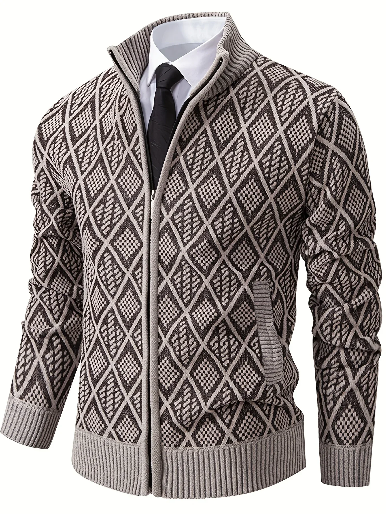 Men's Knitted Sweater Korean Style Autumn and Winter Trendy Casual Stand Collar Cardigan Jacket for Men, Comfortable and Versatile Rhombus Pattern - Image 2