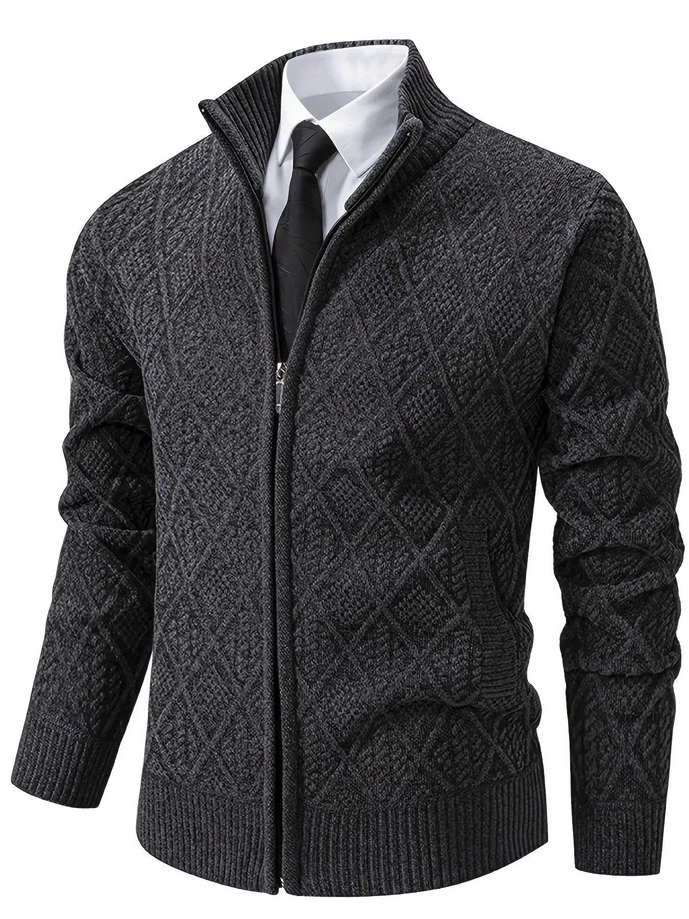 Men's Knitted Sweater Korean Style Autumn and Winter Trendy Casual Stand Collar Cardigan Jacket for Men, Comfortable and Versatile Rhombus Pattern - Image 3