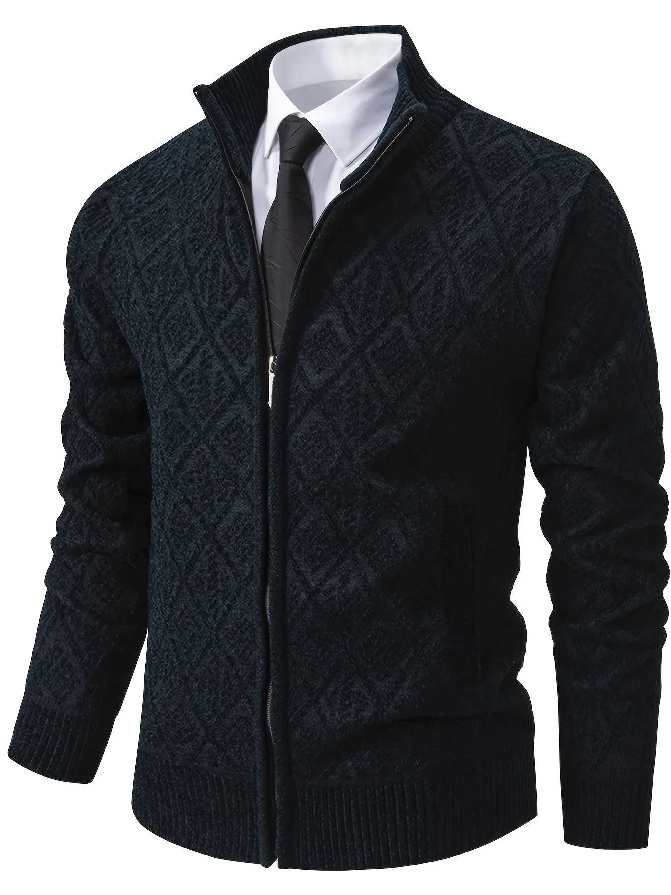 Men's Knitted Sweater Korean Style Autumn and Winter Trendy Casual Stand Collar Cardigan Jacket for Men, Comfortable and Versatile Rhombus Pattern - Image 4