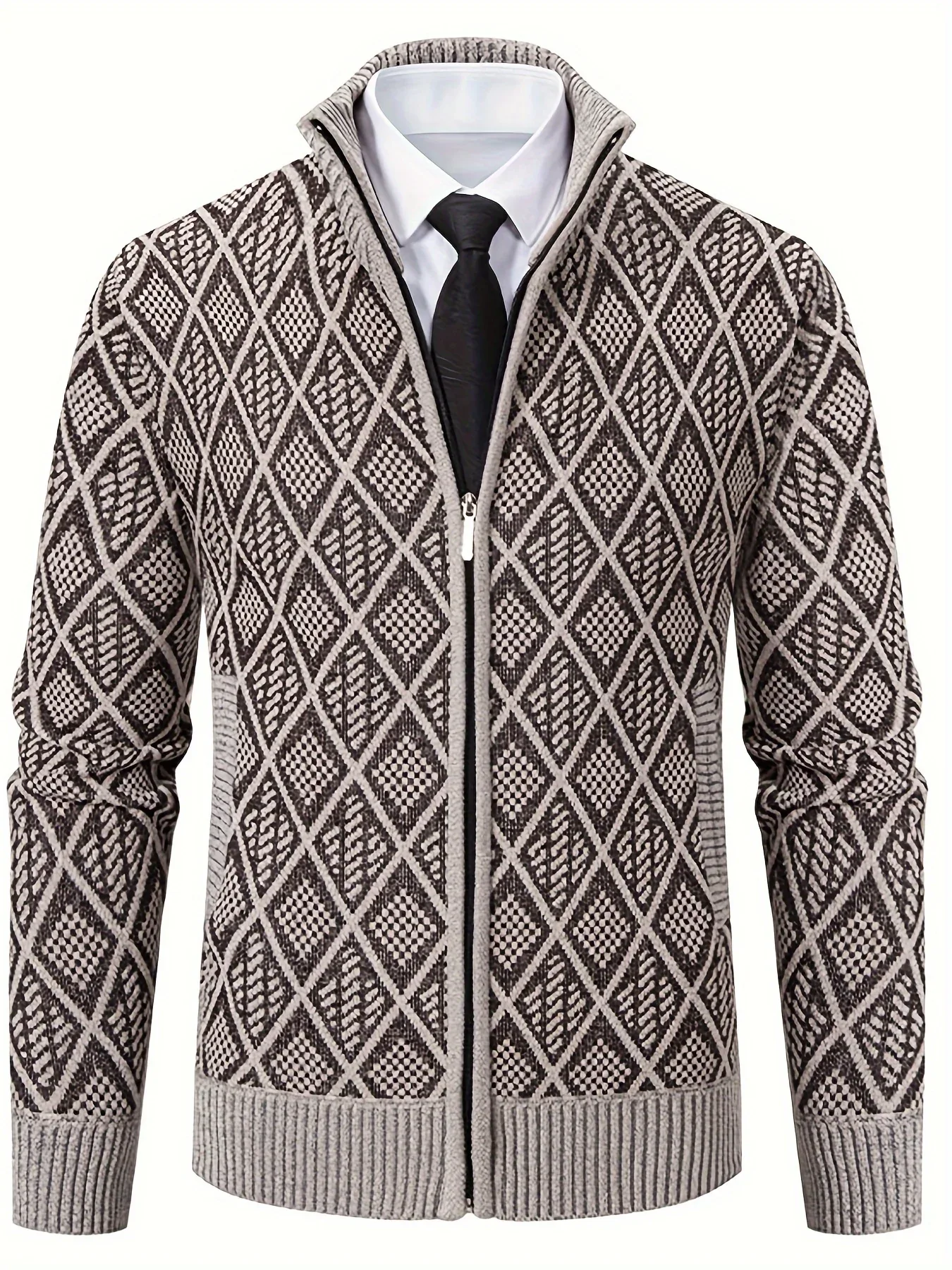Men's Knitted Sweater Korean Style Autumn and Winter Trendy Casual Stand Collar Cardigan Jacket for Men, Comfortable and Versatile Rhombus Pattern - Image 5