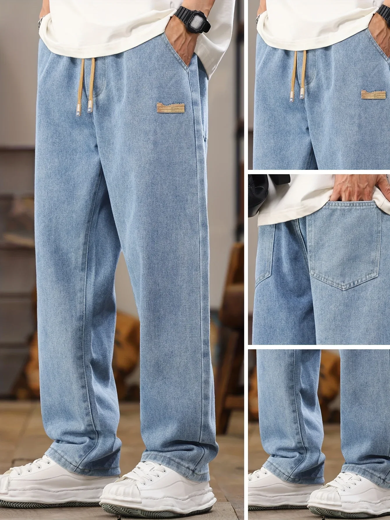 Men's Korean Style Light Blue Jeans 2025 Spring/Autumn New Washed Durable Comfortable Drawstring Straight-Leg Pants, Stylish and Versatile Casual Trousers Suitable for All Seasons by Gengyuan