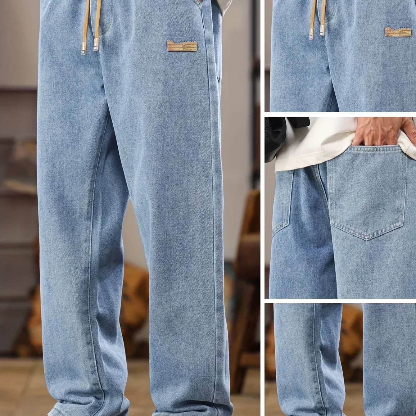 Men's Korean Style Light Blue Jeans 2025 Spring/Autumn New Washed Durable Comfortable Drawstring Straight-Leg Pants, Stylish and Versatile Casual Trousers Suitable for All Seasons by Gengyuan - Image 10