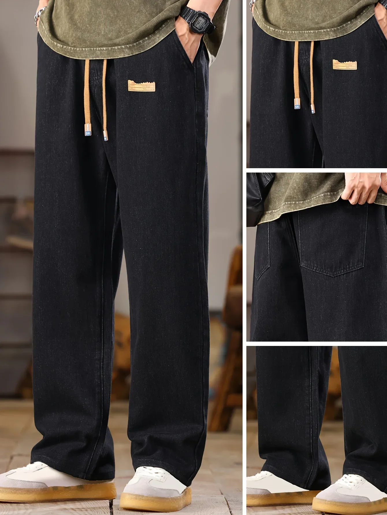 Men's Korean Style Light Blue Jeans 2025 Spring/Autumn New Washed Durable Comfortable Drawstring Straight-Leg Pants, Stylish and Versatile Casual Trousers Suitable for All Seasons by Gengyuan - Image 2