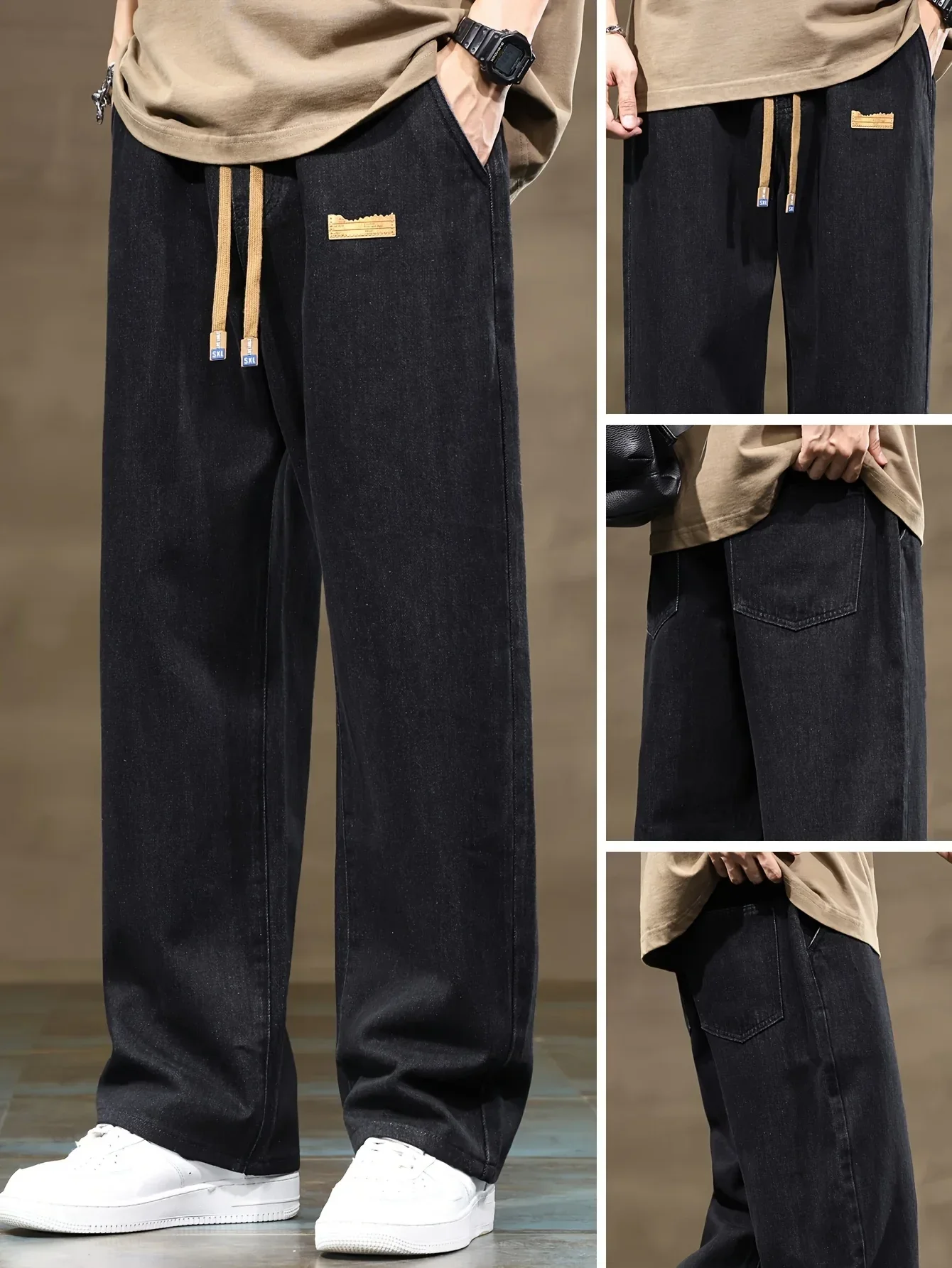 Men's Korean Style Light Blue Jeans 2025 Spring/Autumn New Washed Durable Comfortable Drawstring Straight-Leg Pants, Stylish and Versatile Casual Trousers Suitable for All Seasons by Gengyuan - Image 3