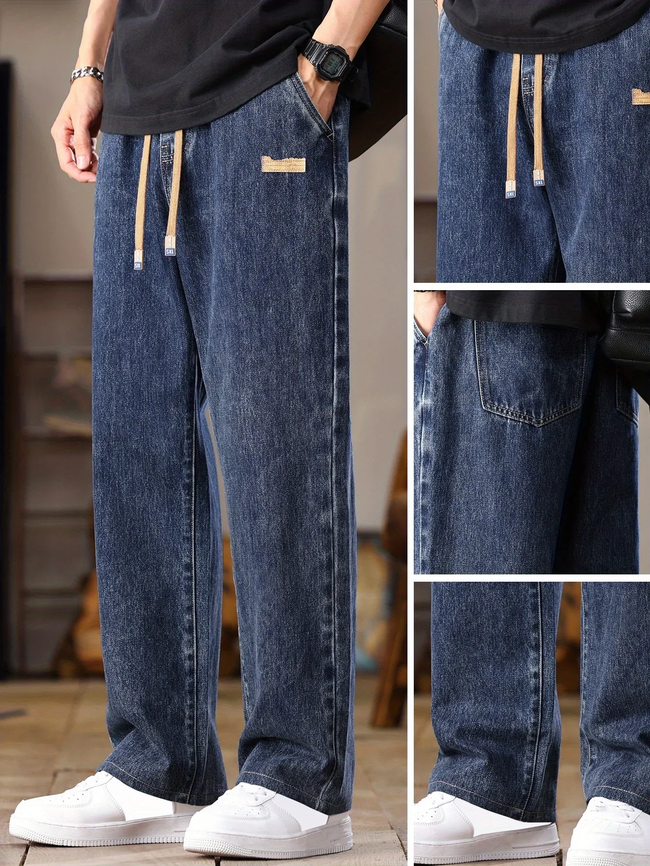 Men's Korean Style Light Blue Jeans 2025 Spring/Autumn New Washed Durable Comfortable Drawstring Straight-Leg Pants, Stylish and Versatile Casual Trousers Suitable for All Seasons by Gengyuan - Image 4