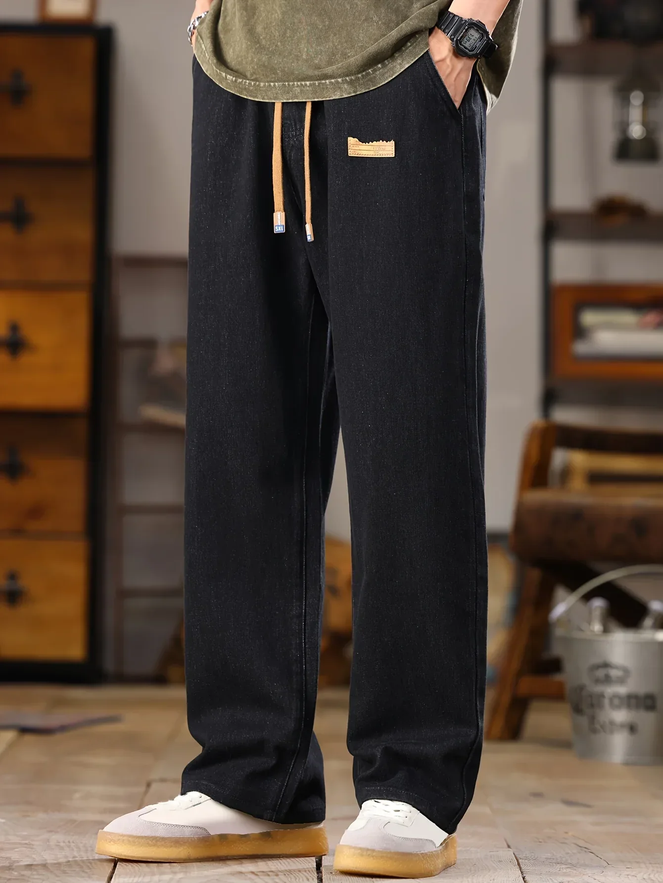 Men's Korean Style Light Blue Jeans 2025 Spring/Autumn New Washed Durable Comfortable Drawstring Straight-Leg Pants, Stylish and Versatile Casual Trousers Suitable for All Seasons by Gengyuan - Image 5