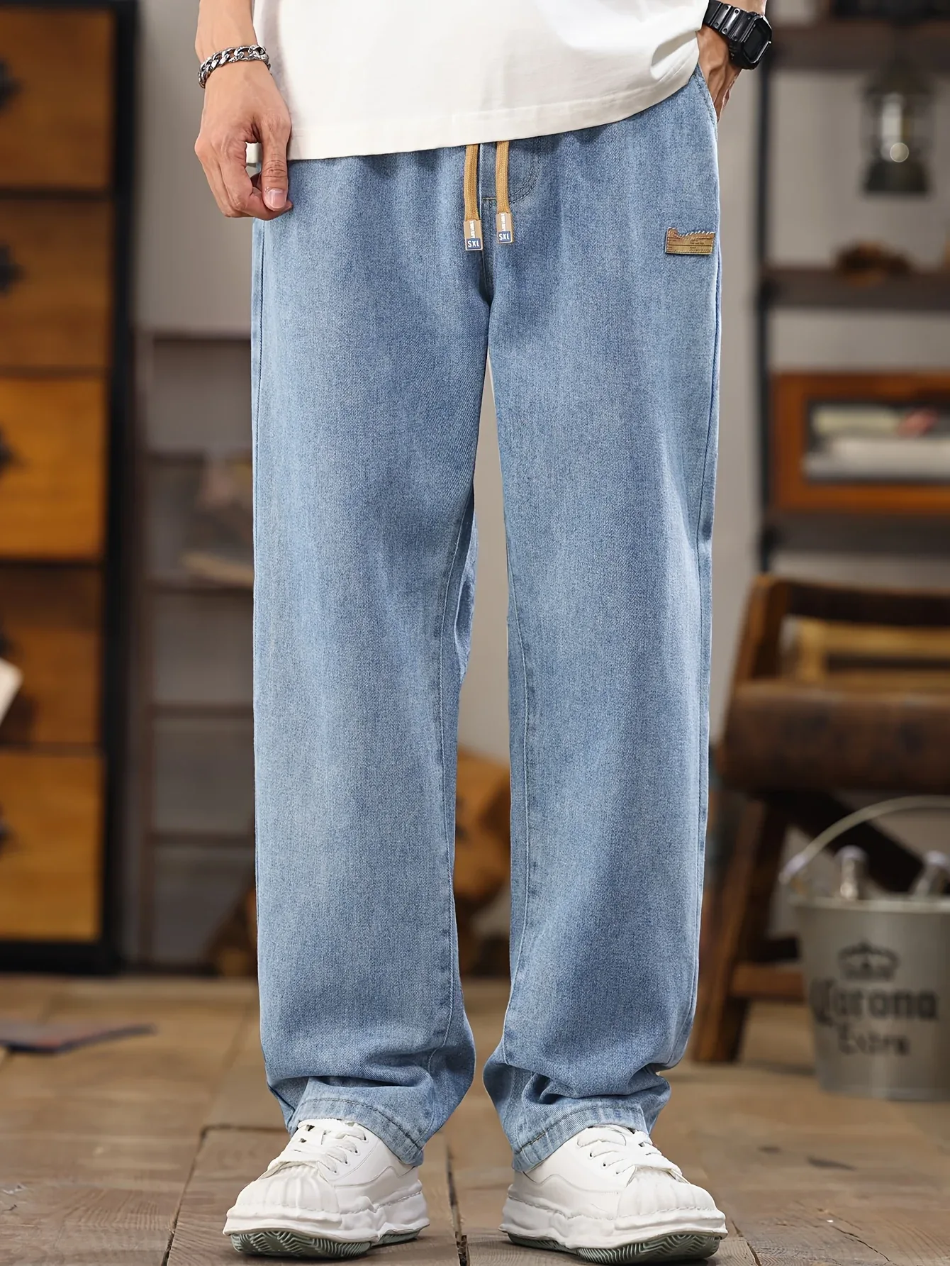 Men's Korean Style Light Blue Jeans 2025 Spring/Autumn New Washed Durable Comfortable Drawstring Straight-Leg Pants, Stylish and Versatile Casual Trousers Suitable for All Seasons by Gengyuan - Image 7