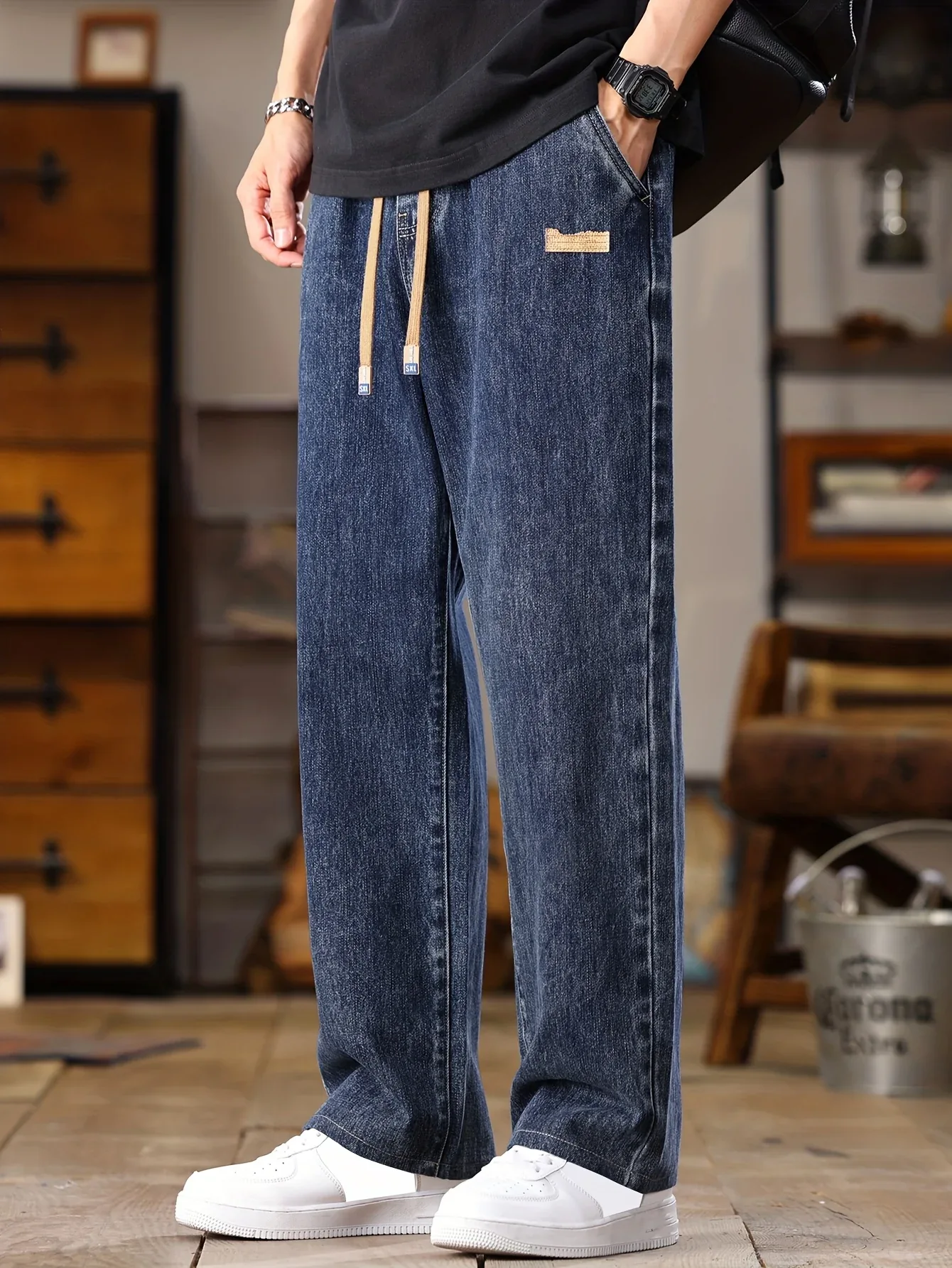 Men's Korean Style Light Blue Jeans 2025 Spring/Autumn New Washed Durable Comfortable Drawstring Straight-Leg Pants, Stylish and Versatile Casual Trousers Suitable for All Seasons by Gengyuan - Image 9