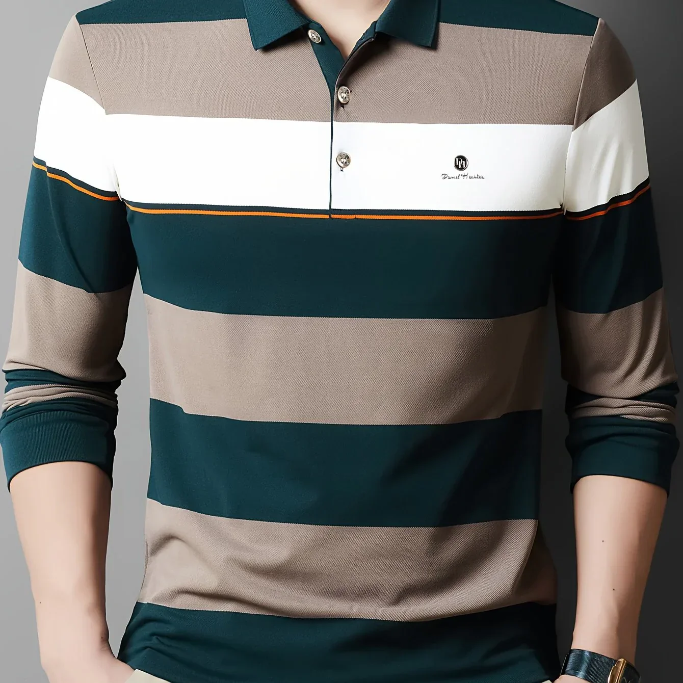 Men'S Long Sleeve Shirt - Formal & Casual Button-Up Shirt with Dark Green & Beige Horizontal Stripes, Button-Front Placket, Non-Stretch Fabric for Office, Golf, Casual Attire - Spring/Fall Wardrobe Essential, Spring Fashion, - Image 12