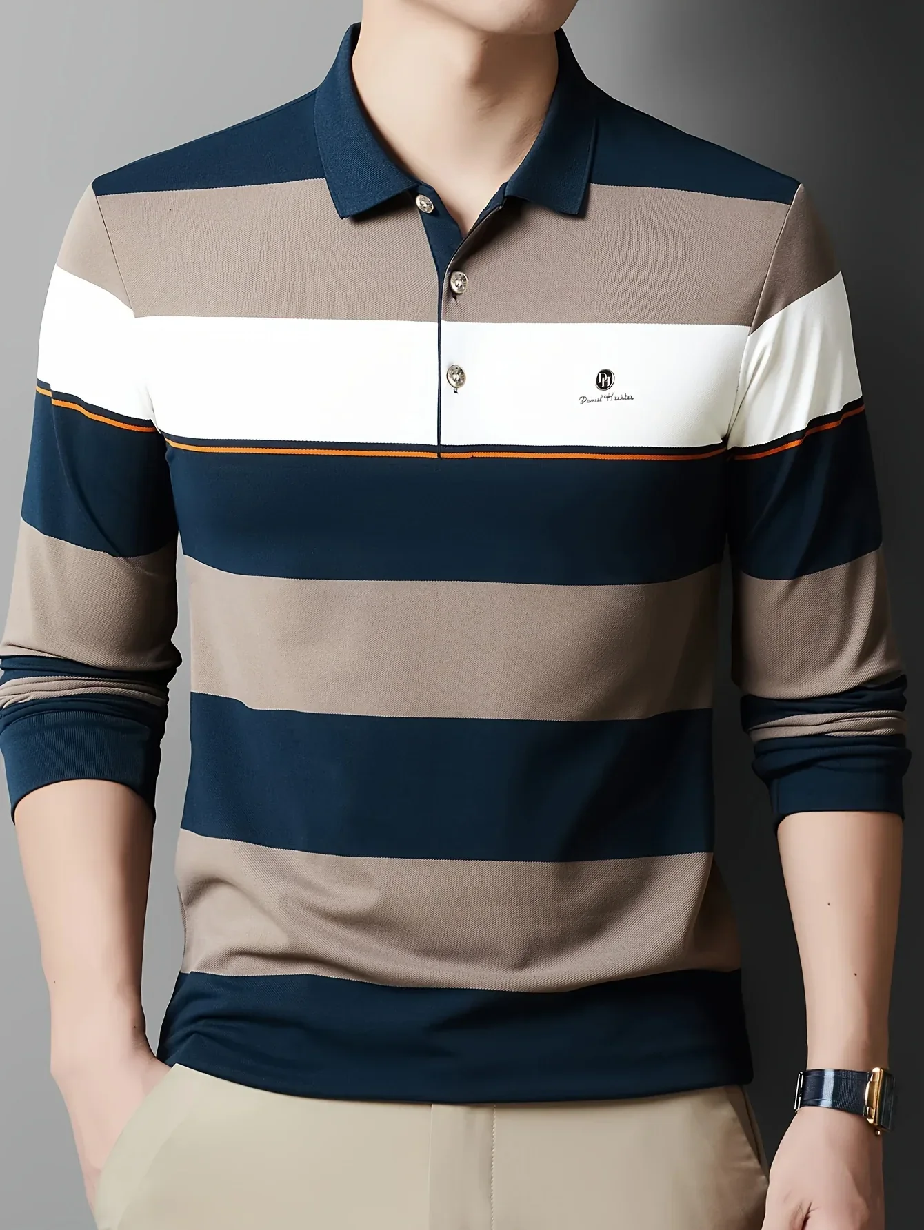 Men'S Long Sleeve Shirt - Formal & Casual Button-Up Shirt with Dark Green & Beige Horizontal Stripes, Button-Front Placket, Non-Stretch Fabric for Office, Golf, Casual Attire - Spring/Fall Wardrobe Essential, Spring Fashion, - Image 2