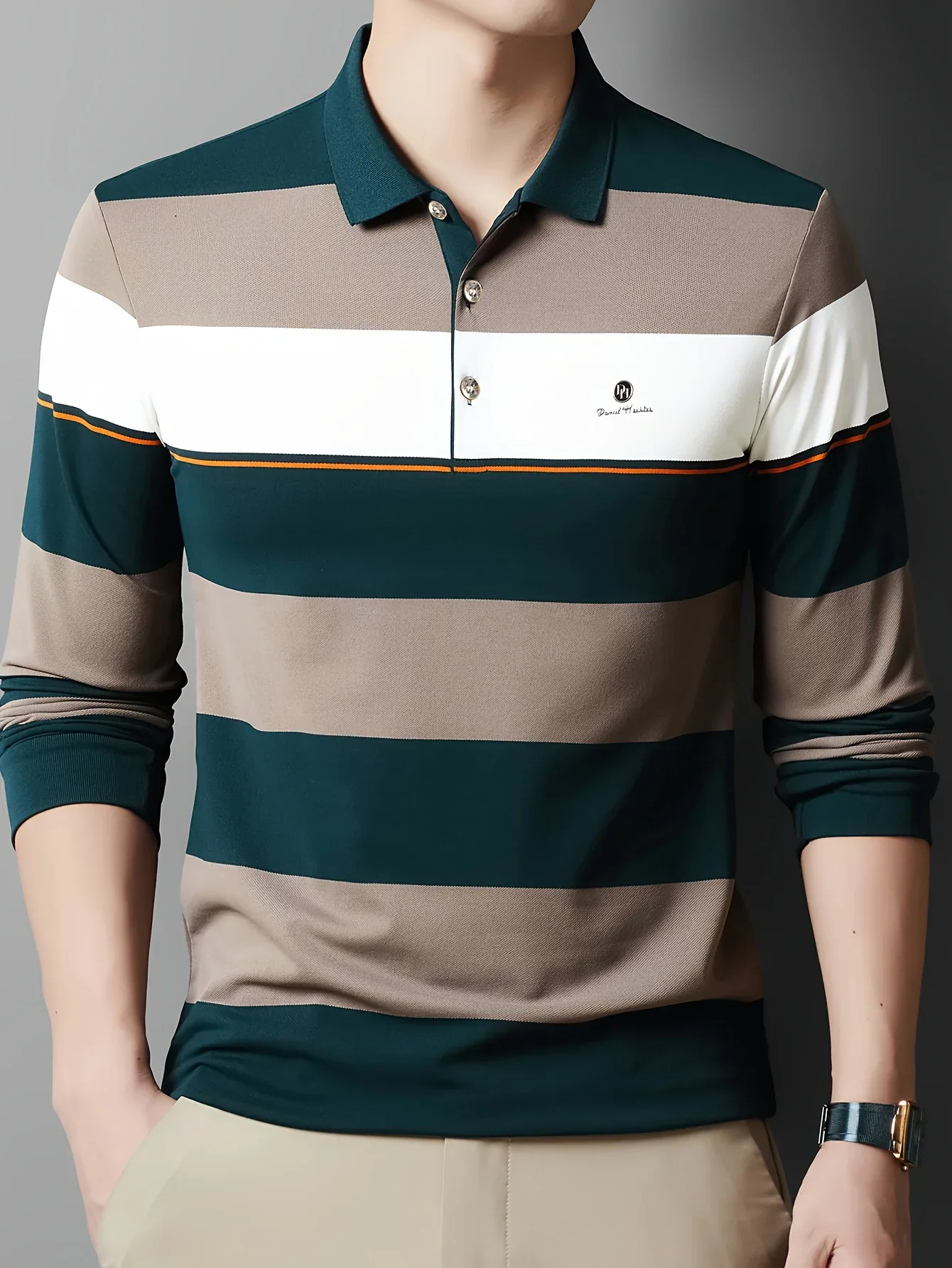 Men'S Long Sleeve Shirt - Formal & Casual Button-Up Shirt with Dark Green & Beige Horizontal Stripes, Button-Front Placket, Non-Stretch Fabric for Office, Golf, Casual Attire - Spring/Fall Wardrobe Essential, Spring Fashion, - Image 3
