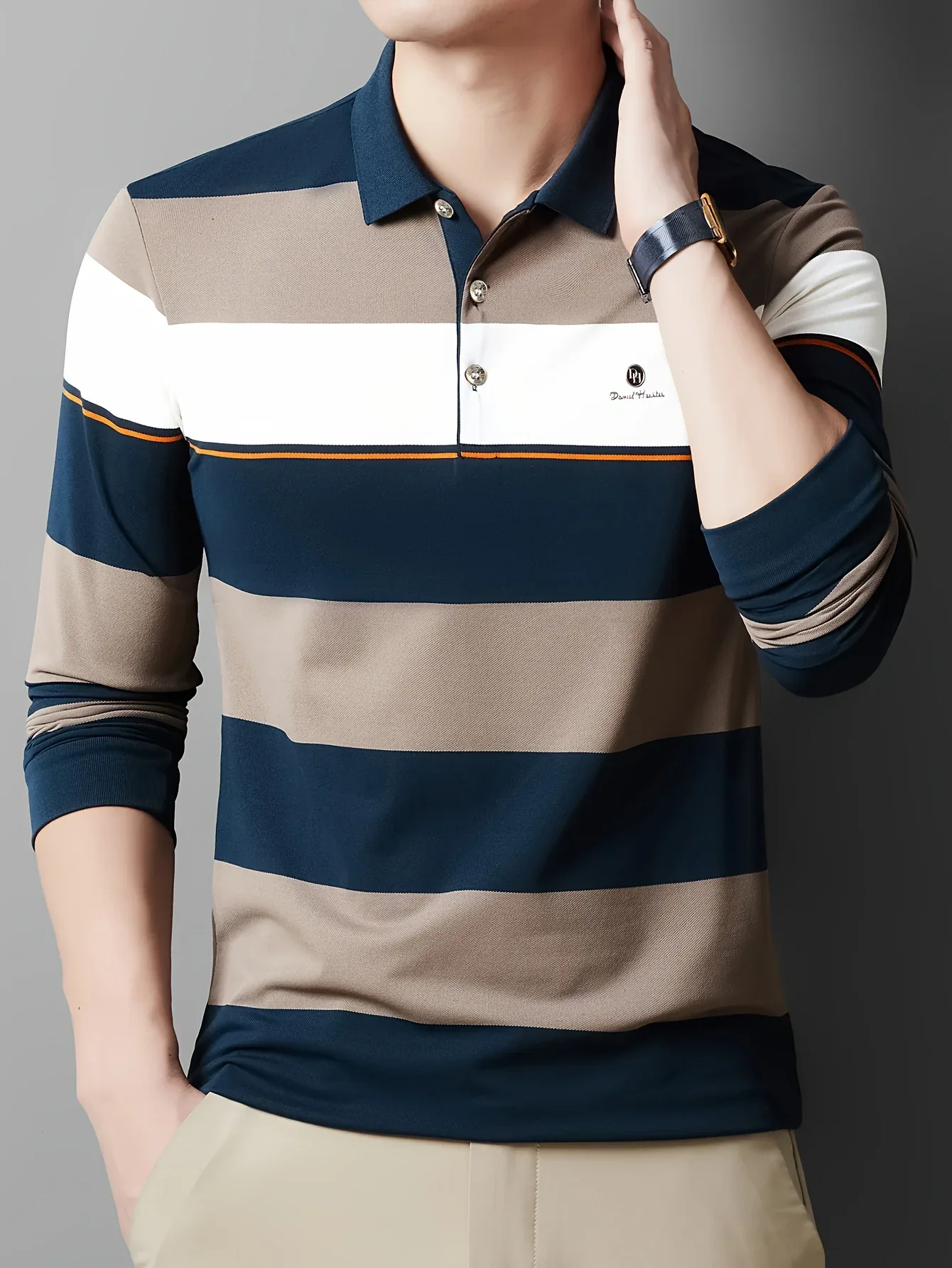 Men'S Long Sleeve Shirt - Formal & Casual Button-Up Shirt with Dark Green & Beige Horizontal Stripes, Button-Front Placket, Non-Stretch Fabric for Office, Golf, Casual Attire - Spring/Fall Wardrobe Essential, Spring Fashion, - Image 4