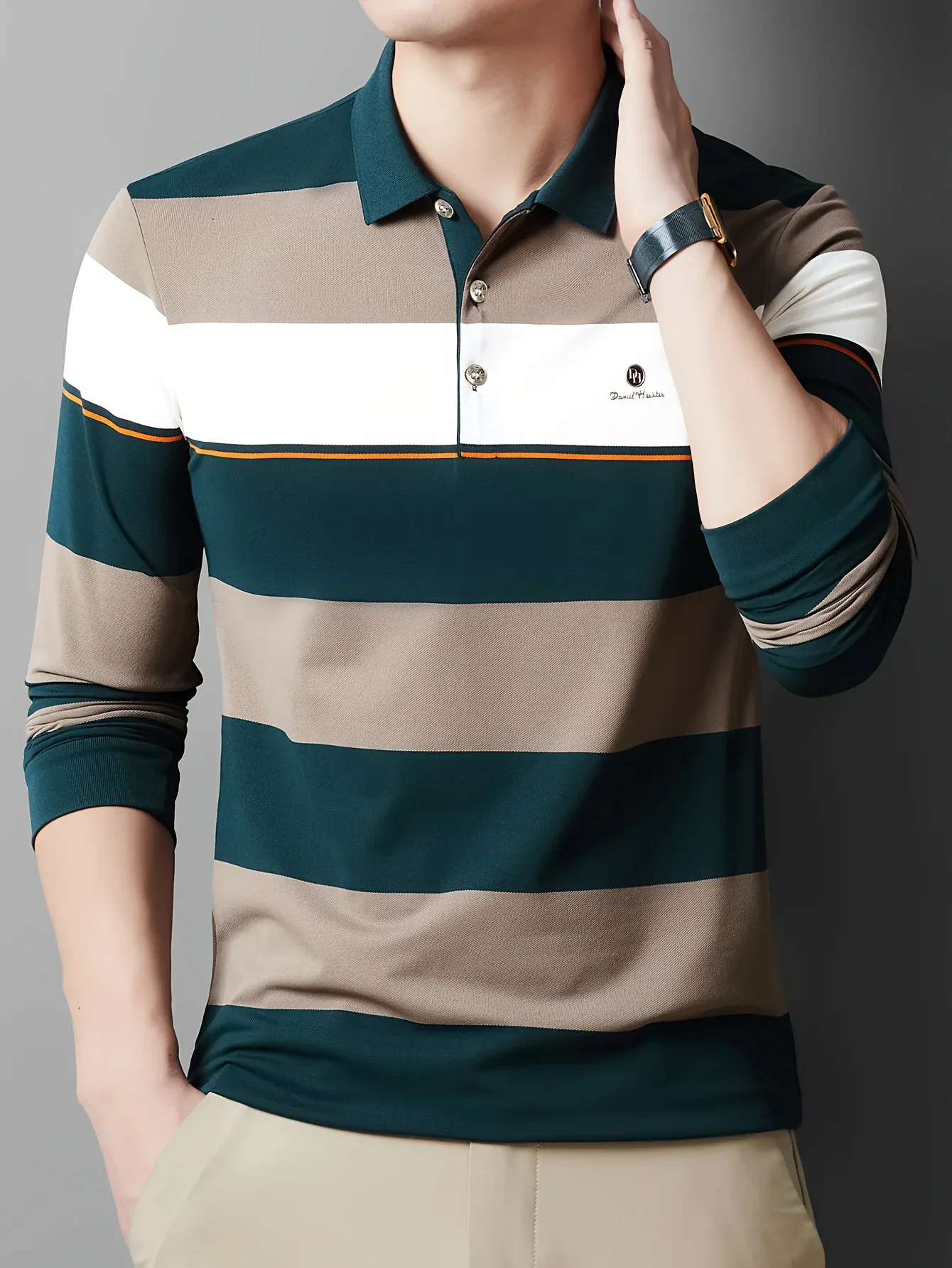 Men'S Long Sleeve Shirt - Formal & Casual Button-Up Shirt with Dark Green & Beige Horizontal Stripes, Button-Front Placket, Non-Stretch Fabric for Office, Golf, Casual Attire - Spring/Fall Wardrobe Essential, Spring Fashion, - Image 5