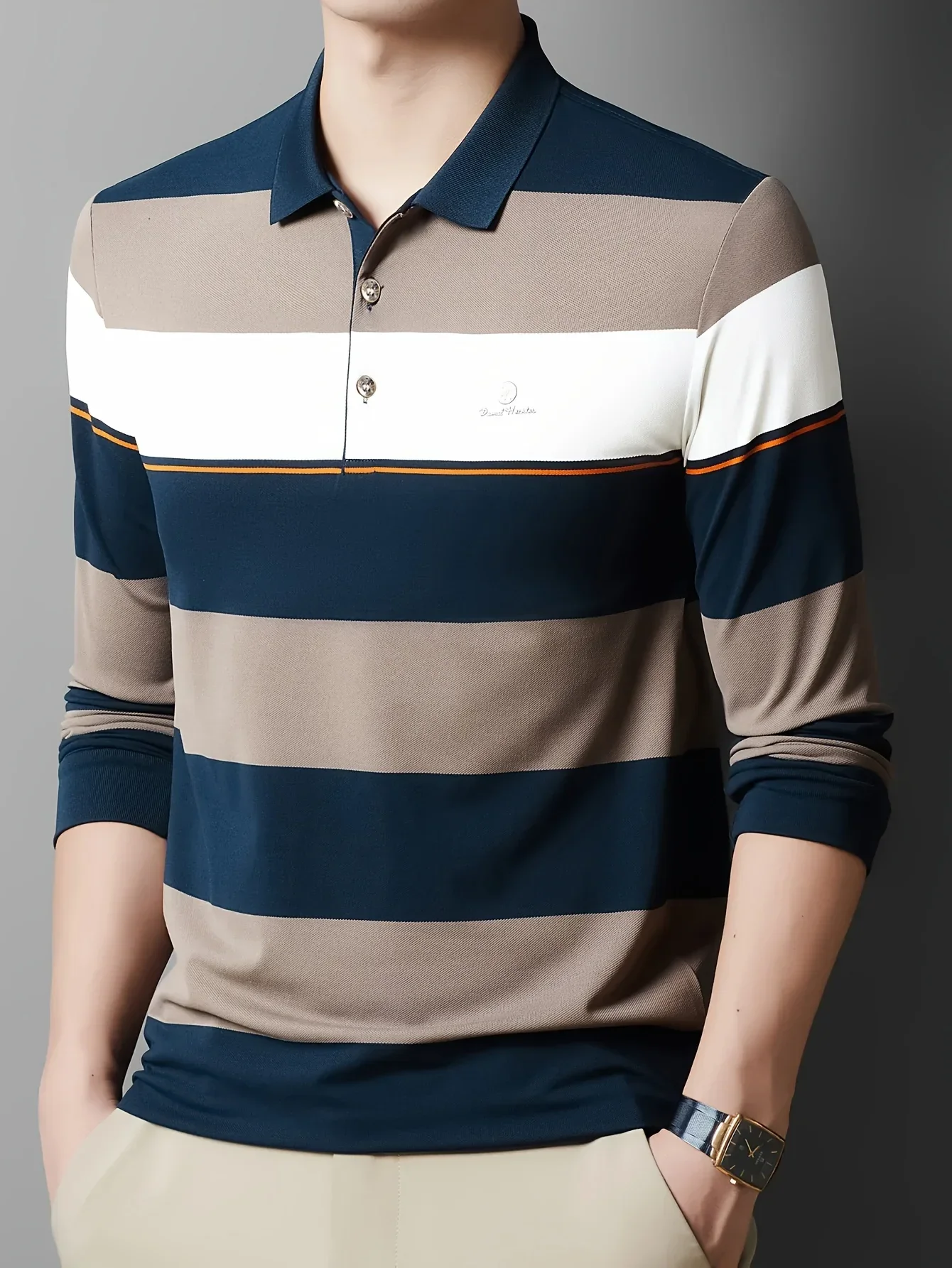 Men'S Long Sleeve Shirt - Formal & Casual Button-Up Shirt with Dark Green & Beige Horizontal Stripes, Button-Front Placket, Non-Stretch Fabric for Office, Golf, Casual Attire - Spring/Fall Wardrobe Essential, Spring Fashion, - Image 6